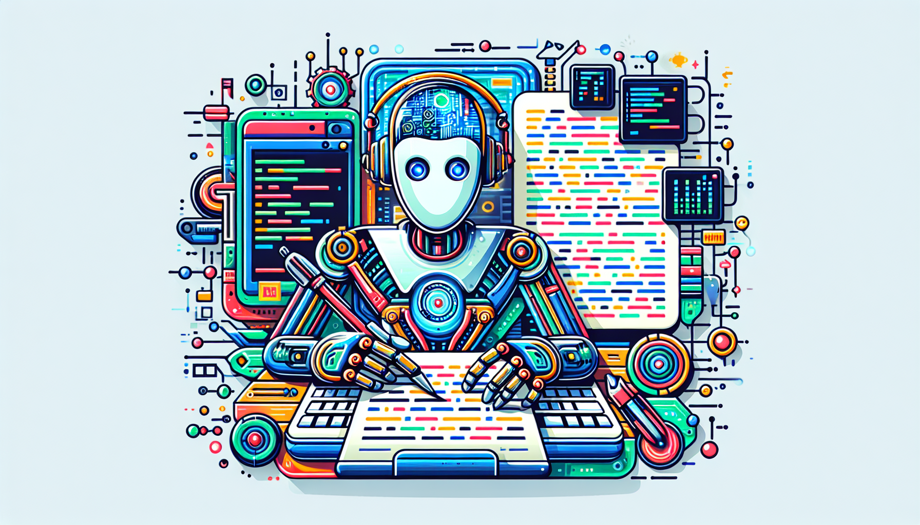 Create a colorful, modern-style illustration that metaphorically communicates the concept of AI screenwriting. The depiction could feature an AI robot diligently crafting a movie script on a futuristic digital device with complex coding visible on its screen. There should be no words or text in the image, only salient digital and technologic designs offering a visual narrative of how AI screenwriting works.