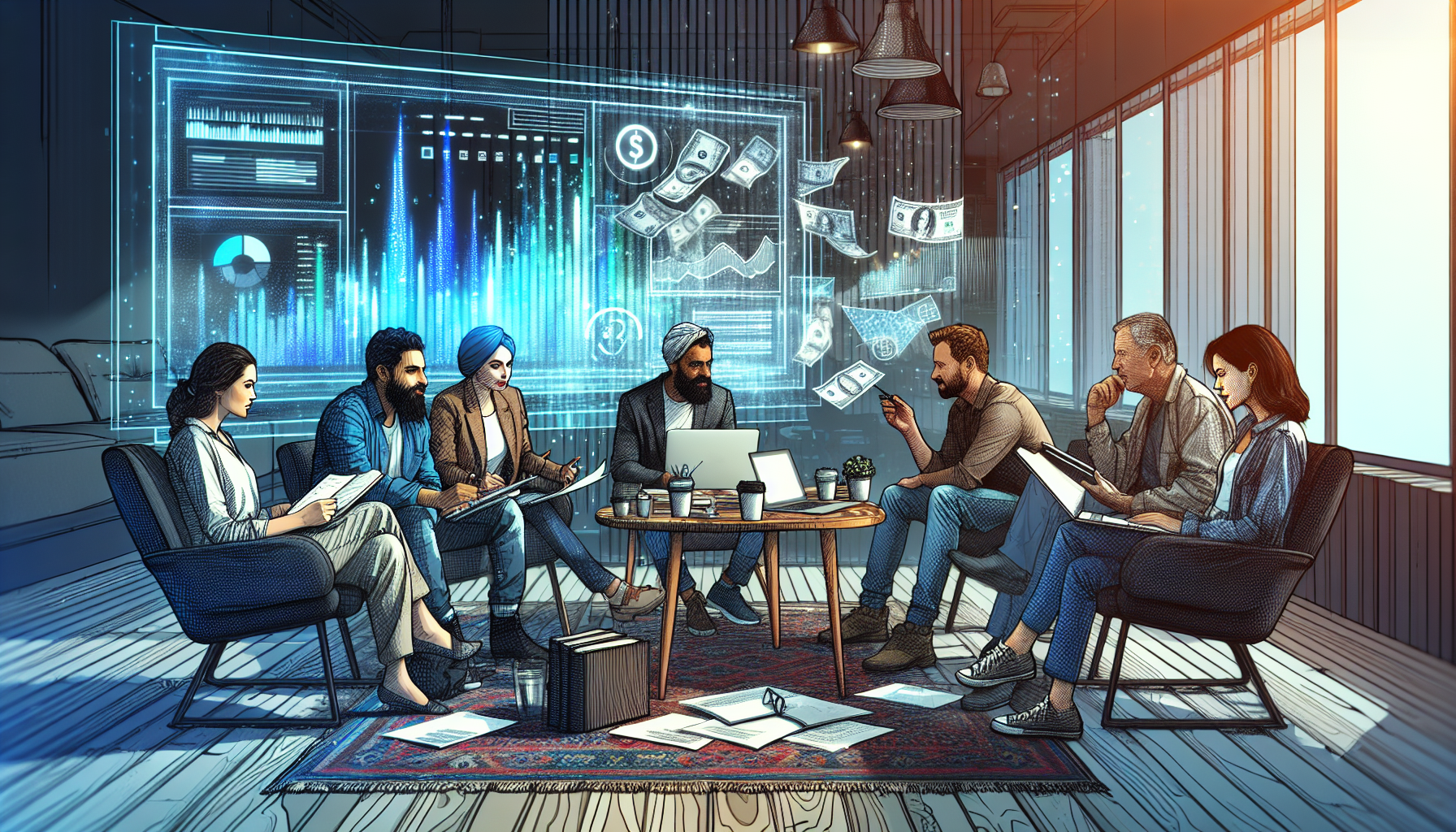 A diverse group of screenwriters brainstorming in a modern, cozy writing room filled with laptops, coffee cups, and scripts, with a transparent digital display showing fluctuating income statistics an
