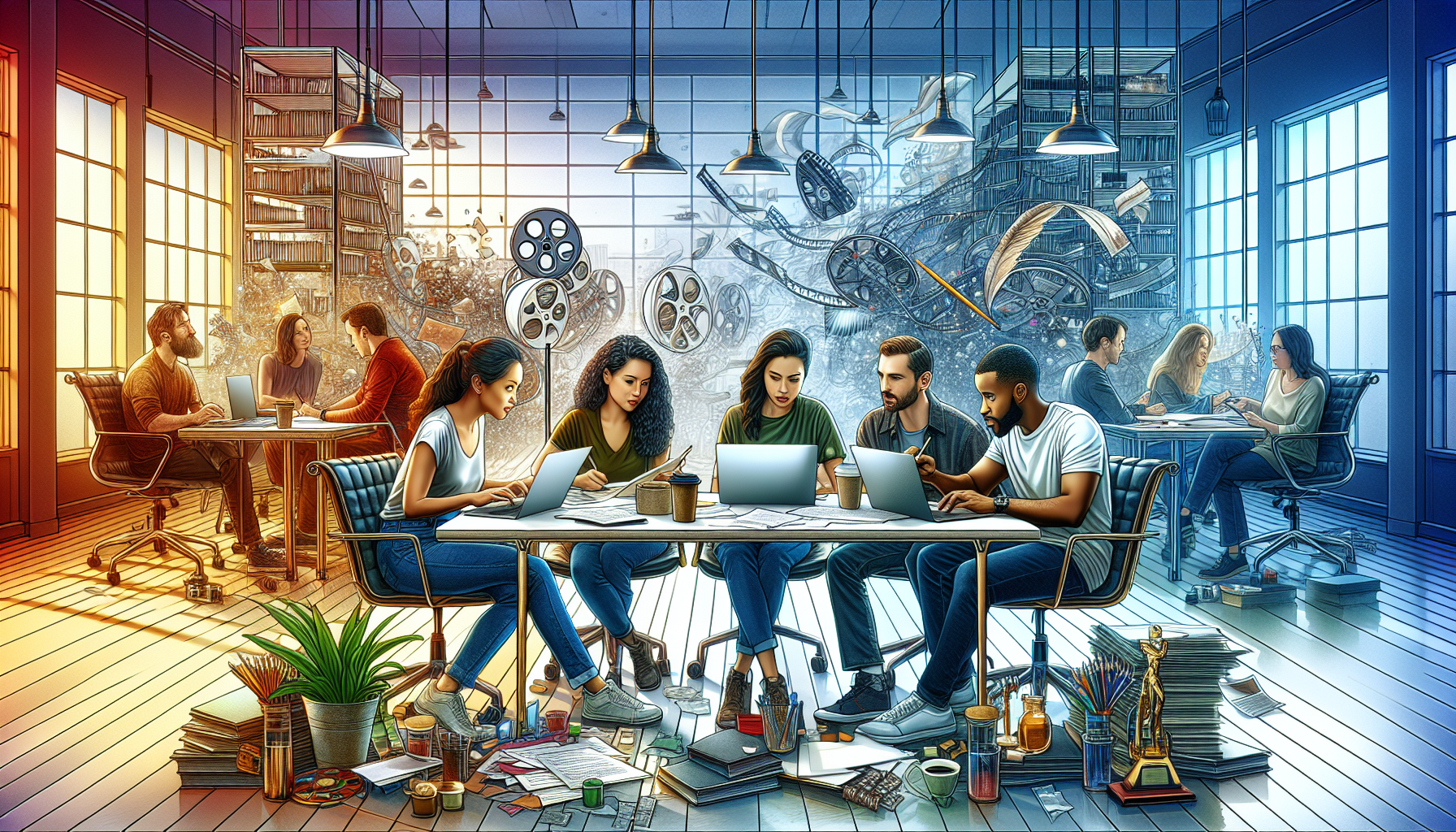 Create a digital artwork of a diverse group of screenwriters in a contemporary, bright studio, brainstorming around a large, cluttered table filled with scripts, laptops, and coffee cups. The backgrou