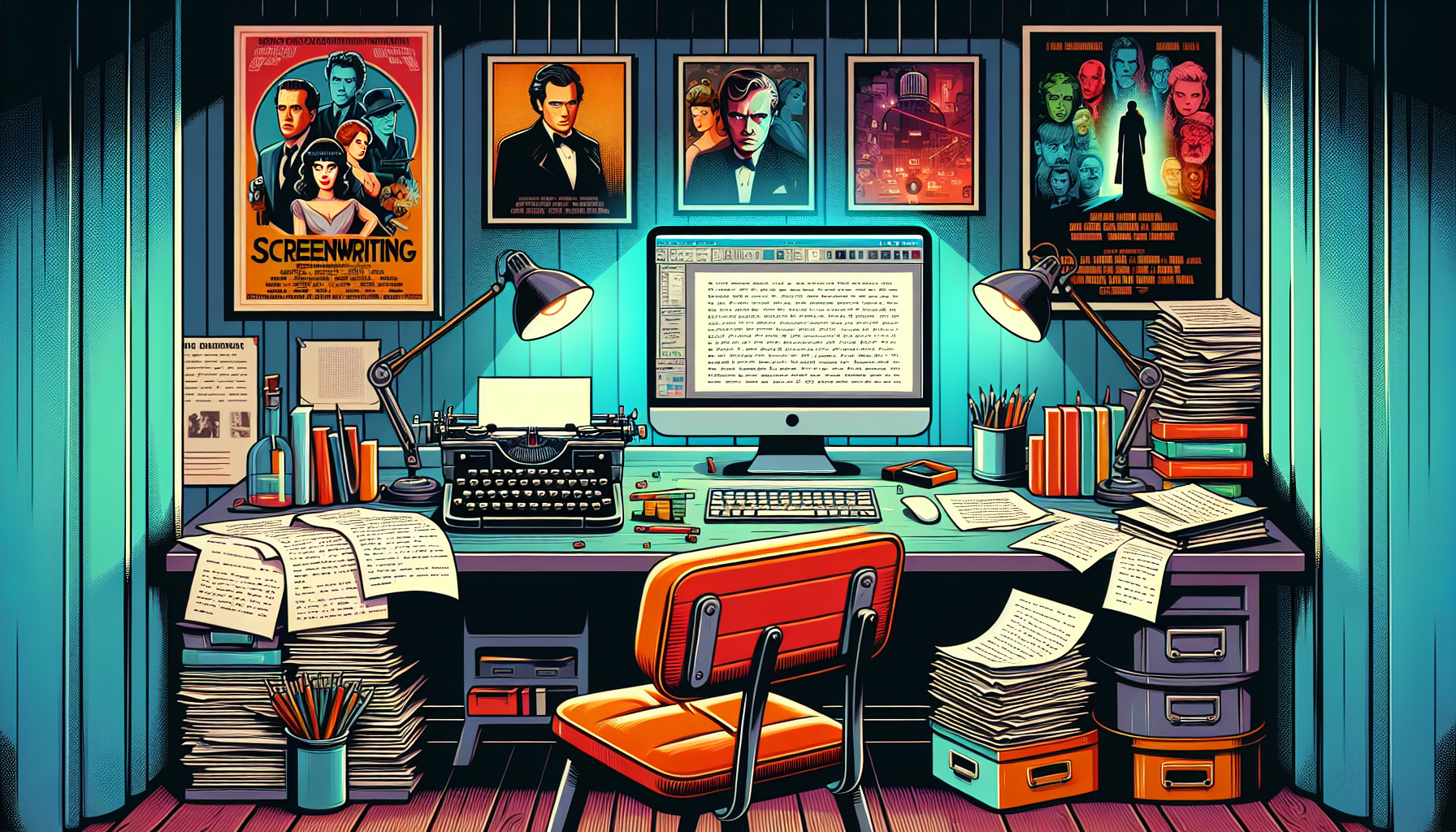 An artist's workspace filled with screenplay drafts, a vintage typewriter, highlighted scripts, and a glowing computer screen displaying screenwriting software, all surrounded by posters of iconic fil