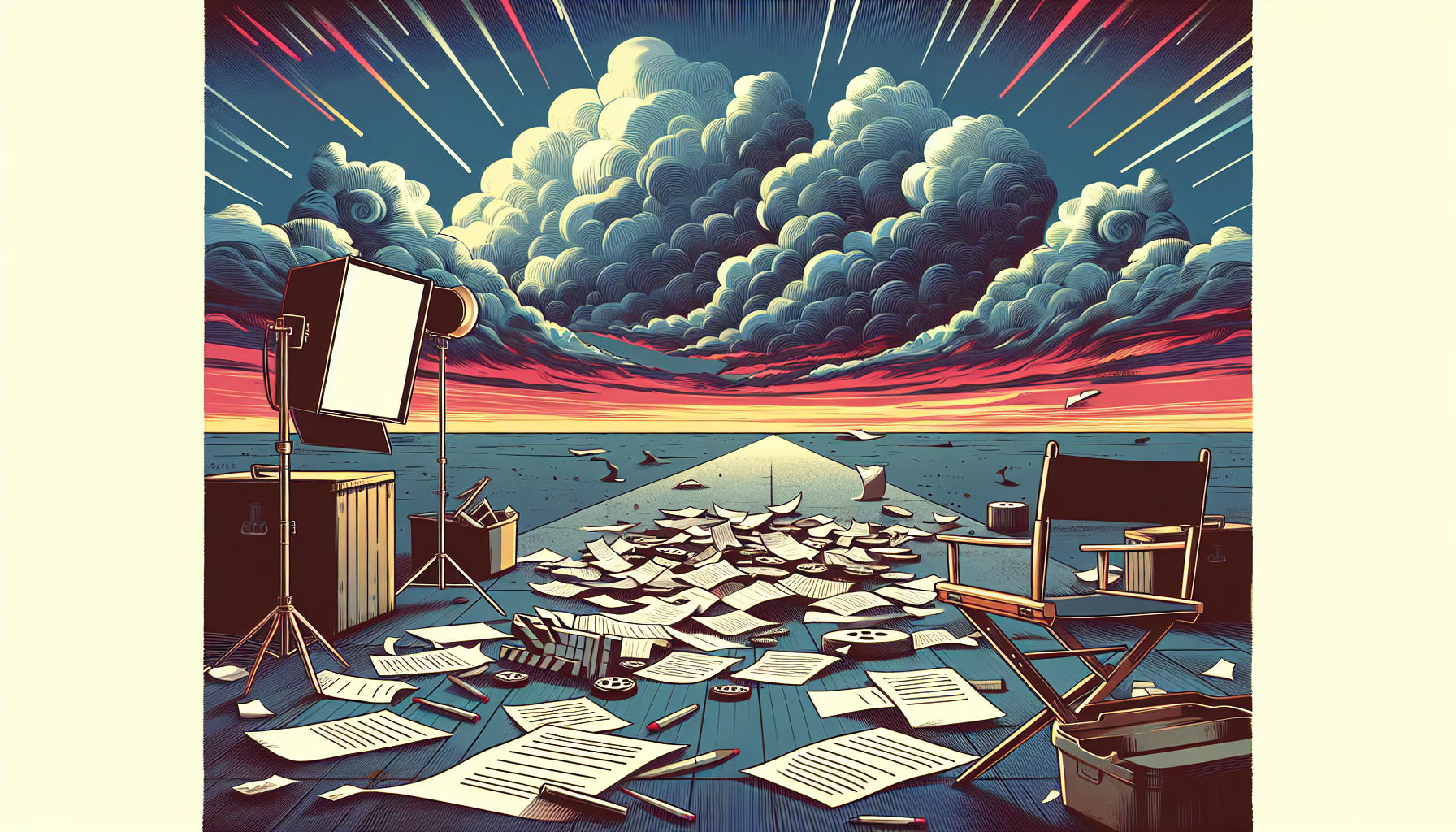 An artistic illustration of a deserted film set with abandoned scripts scattered on the ground, under a dramatic cloudy sky, symbolizing the impact of the screenwriter strike.