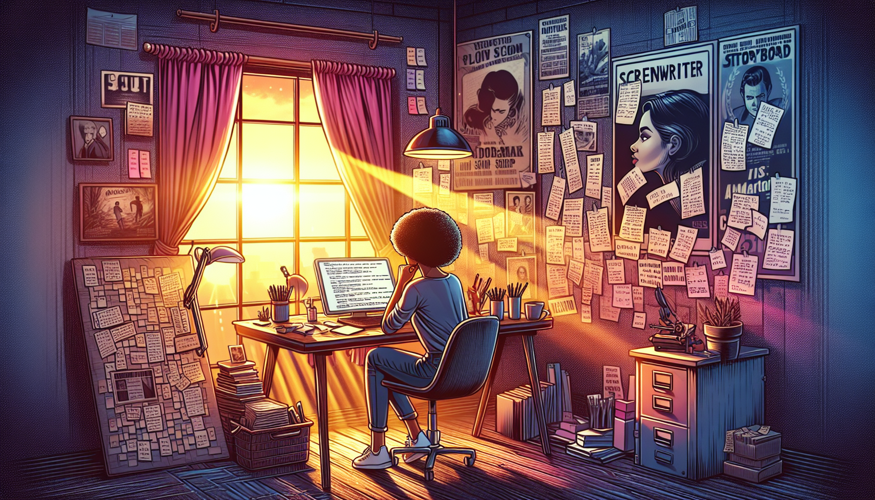 An artist's rendition of a screenwriter brainstorming in a cozy, creative studio filled with film posters, a glowing computer screen displaying a script, and storyboards pinned on the walls, while a w