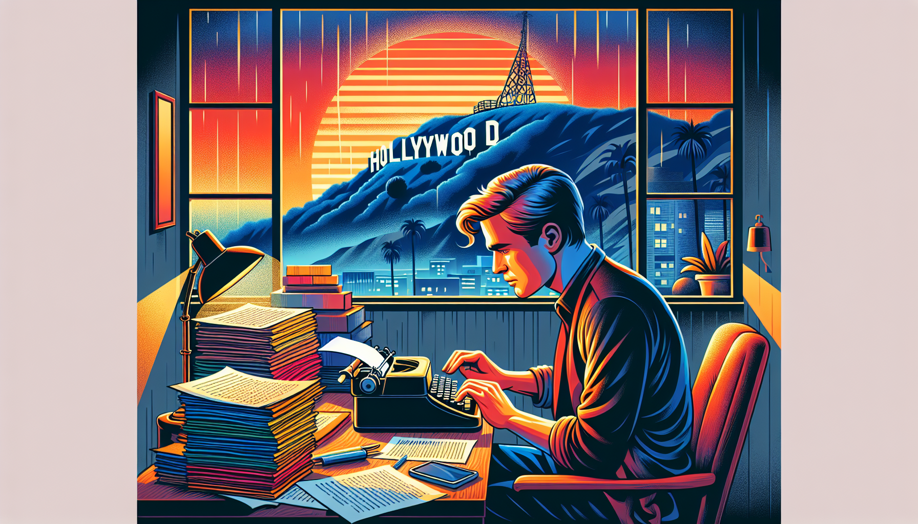 An artistic depiction of a screenwriter at work in a cozy, dimly lit study, surrounded by piles of scripts and movie posters, intently typing on an old-fashioned typewriter with a window showing a Hol