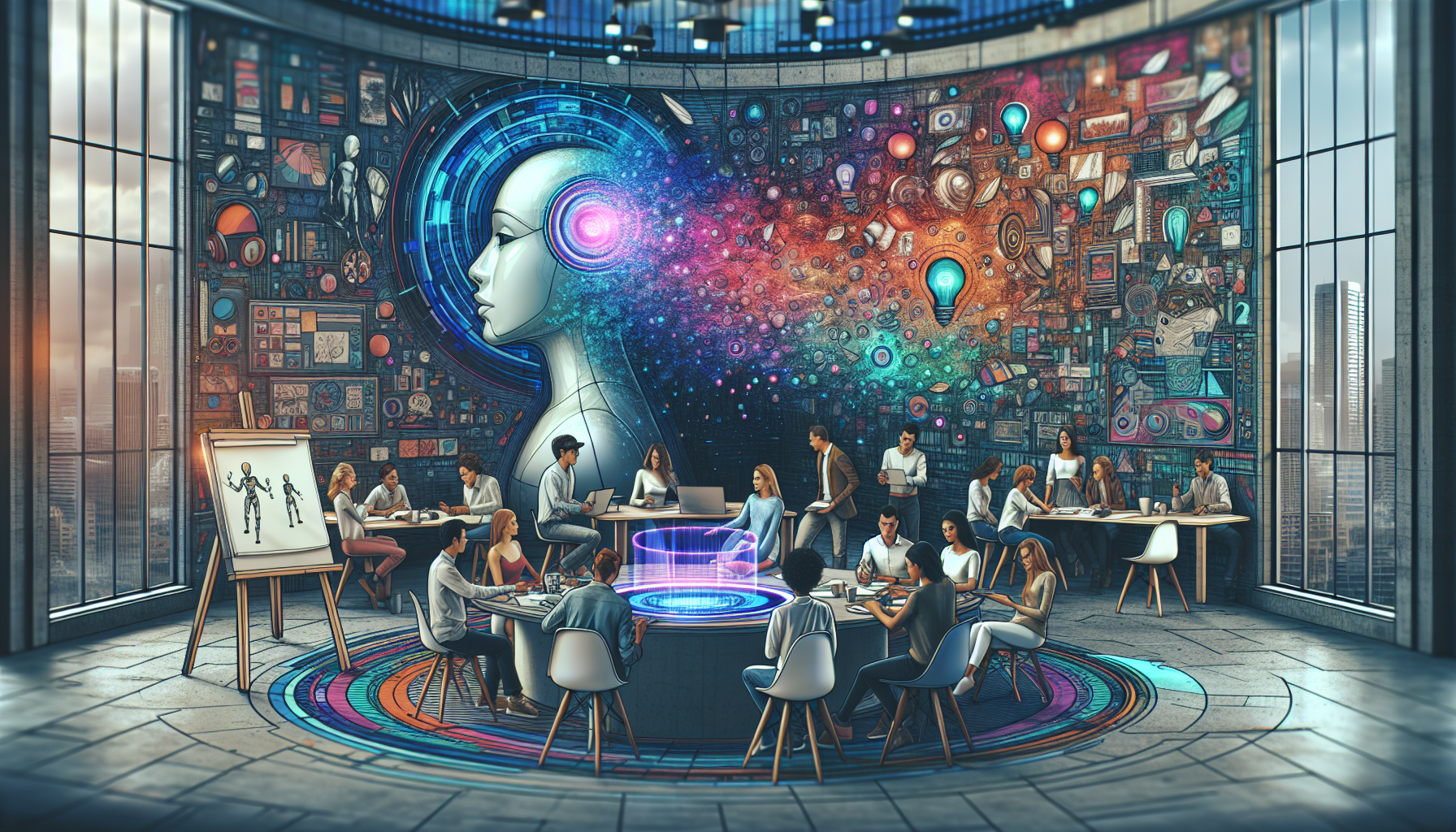 A vibrant, imaginative art studio filled with futuristic technology, where a diverse group of artists and writers are collaboratively brainstorming and sketching ideas. The center of the room features