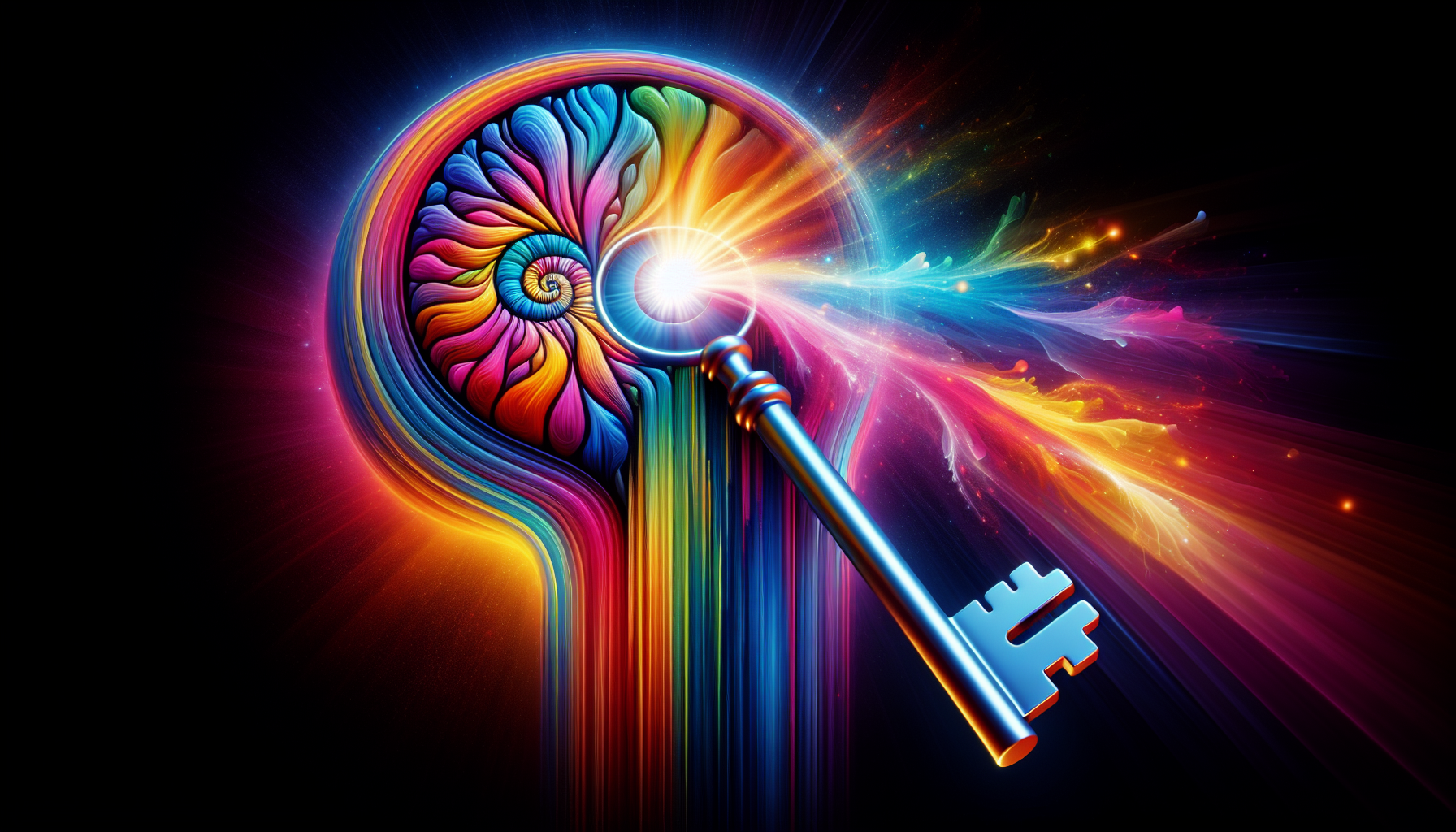 Imagine an abstract image representing the concept of unlocking creativity. This concept is depicted by a radiant key turning in an exaggerated, colorful keyhole. The keyhole is in the form of a human mind, distinguishing various areas, such as the frontal lobe, temporal lobe, etc., in bright, distinctive shades. Petals or rays of light emanate from the point where the key enters the keyhole, suggesting the launch of new ideas. Ensure that the aesthetic is modern and vibrant, with bold colors and clean lines. Note: This image does not include any text or words.
