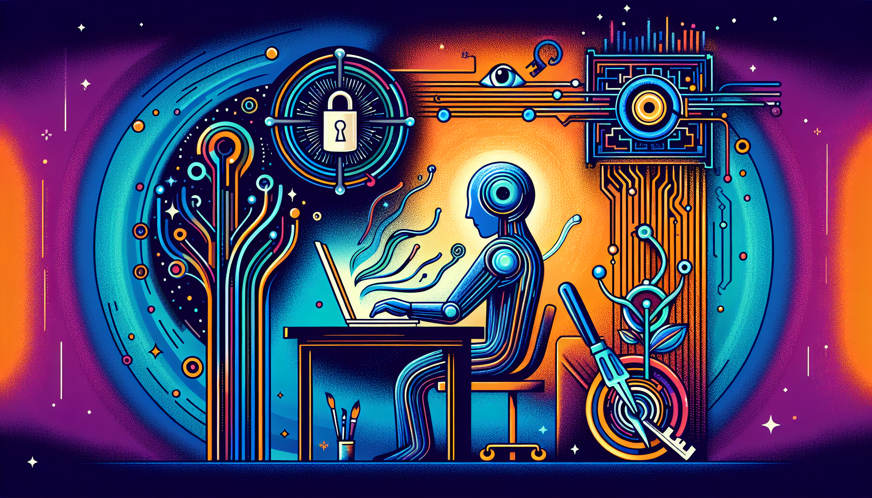 Create a vibrant, modernized illustration representing the theme of 'Unlocking Creativity' and 'The Advantages of AI in Screenwriting'. This could include symbolic elements such as a humanoid figure working on a futuristic screen, electronic trails symbolizing AI algorithms and creativity being unlocked via a stylized key or lock. No written symbols or text should be in the image.