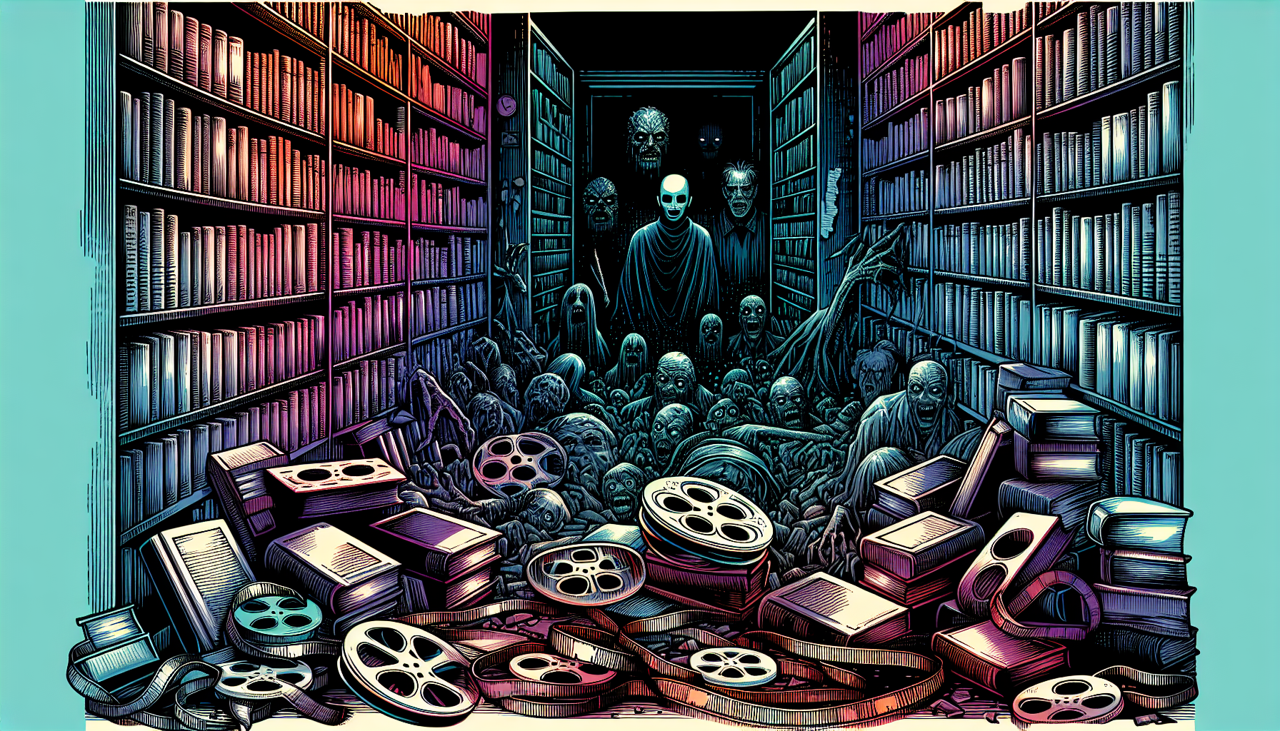 A dimly lit, eerie library filled with ancient horror film reels and books, with shadows hinting at various subgenre monsters like a ghost, vampire, and zombie lurking among the shelves.