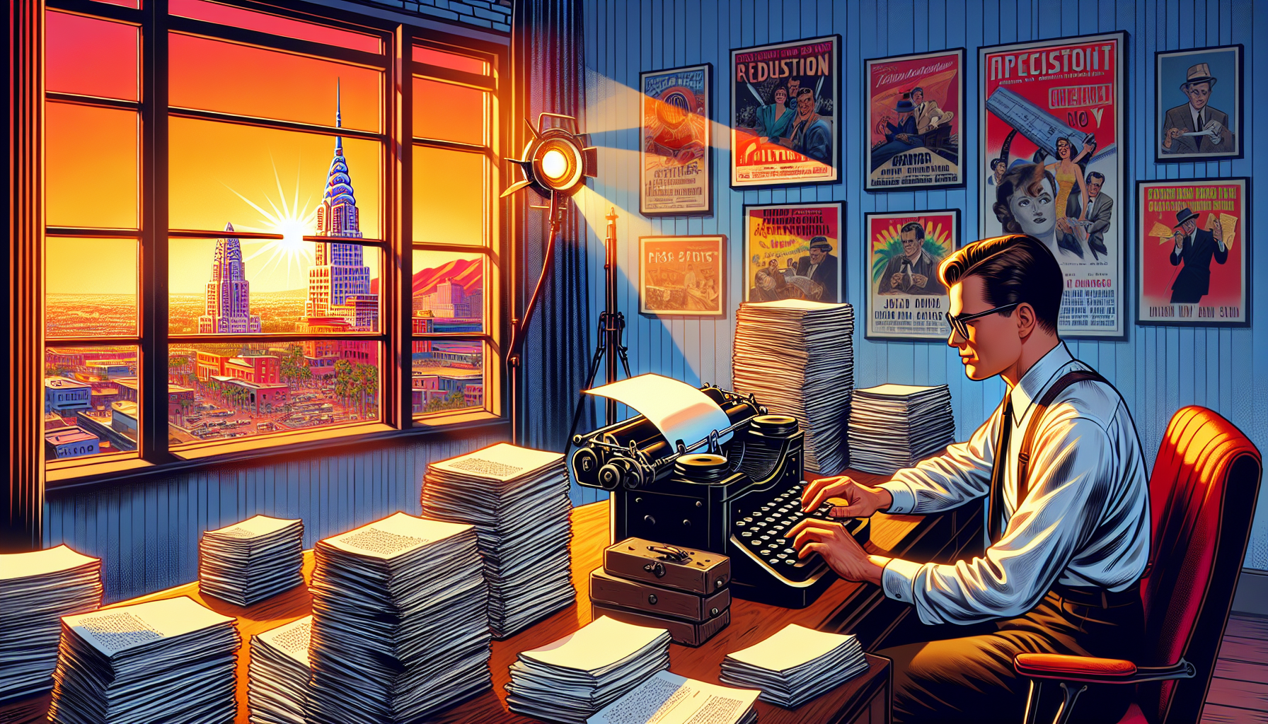 A vintage Hollywood office scene filled with 1950s decor; a scriptwriter typing furiously on an old-fashioned typewriter, surrounded by stacks of colorful spec scripts. Through an open window, the ico