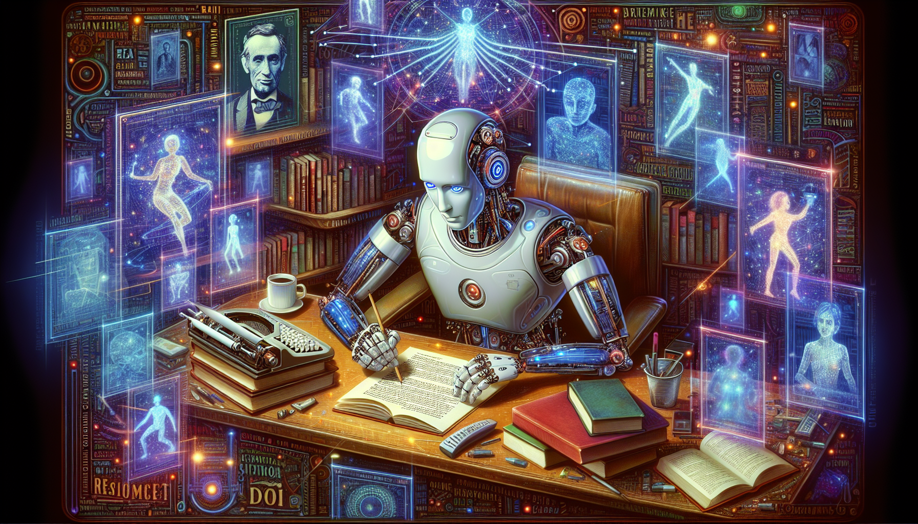 An AI robot sitting at a desk writing a screenplay, surrounded by classic novels and film posters, with digital holograms of character archetypes floating around it.