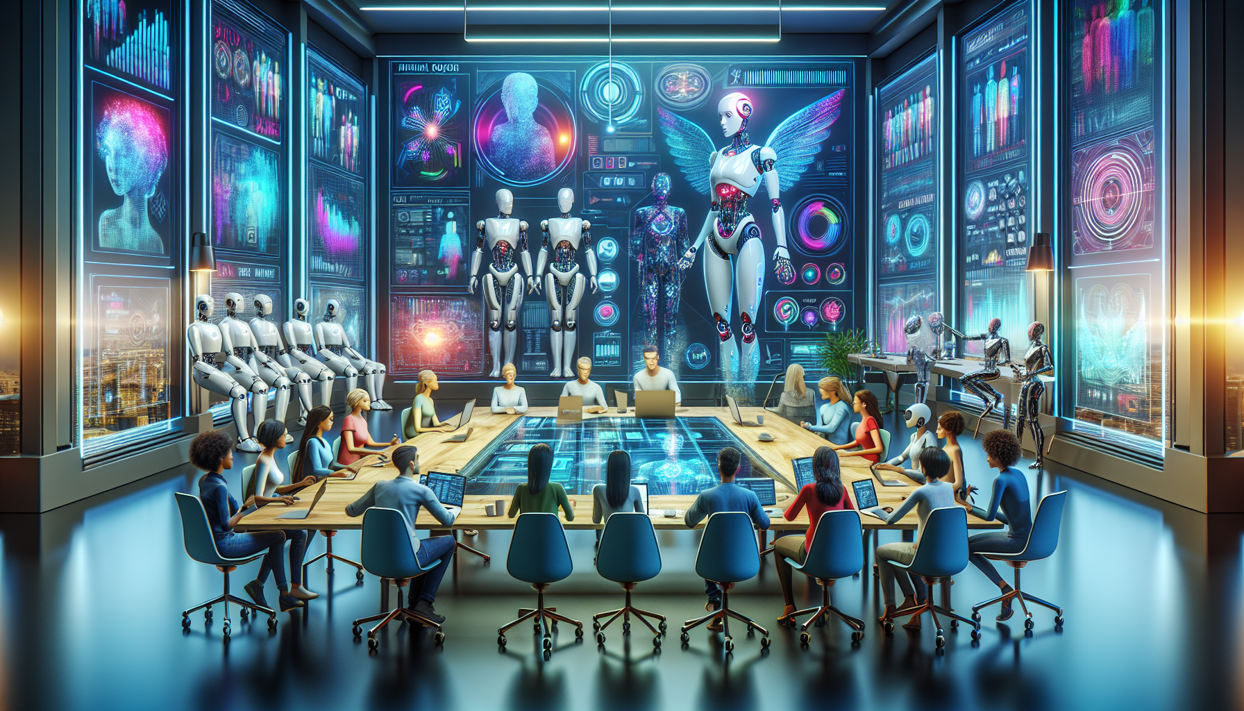 A futuristic writer's room where diverse AI robots and human authors collaborate around a high-tech, holographic table, brainstorming and visualizing complex story plots in a creative studio environme