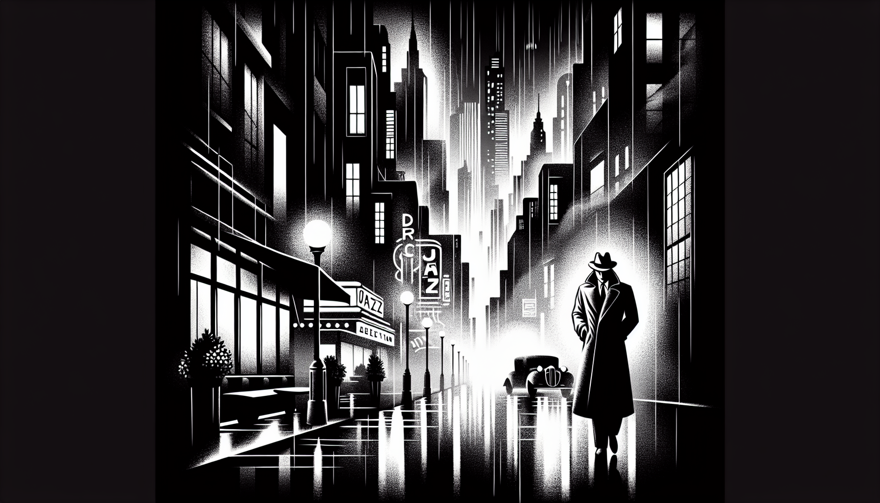 A shadowy, black-and-white cityscape at night, featuring a mysterious figure in a trench coat and fedora, obscured in mist, with rain-slicked streets reflecting neon lights from a distant, smoky jazz