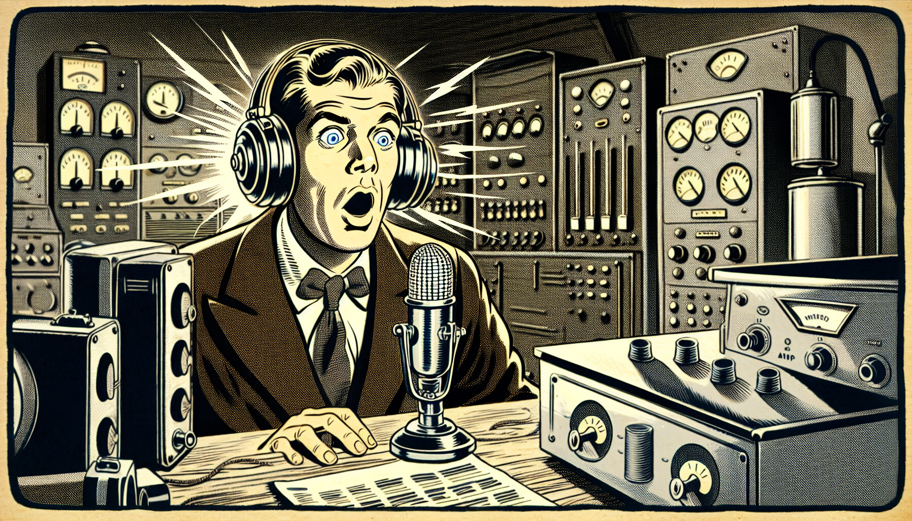 A vintage black and white sound recording studio from the 1950s with an astonished sound engineer listening to the Wilhelm scream through large, retro headphones, surrounded by old-fashioned audio equ