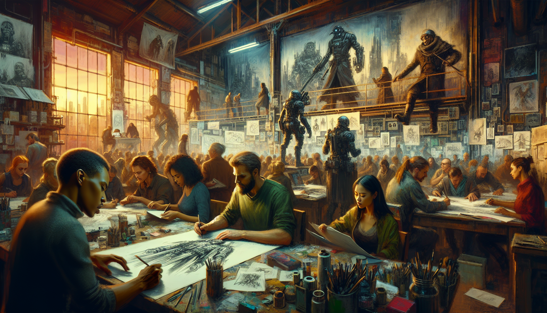 A bustling, dimly-lit workshop filled with a diverse group of focused artists and story writers, fervently sketching and discussing over large, scattered sheets of paper, with concept art of dystopian