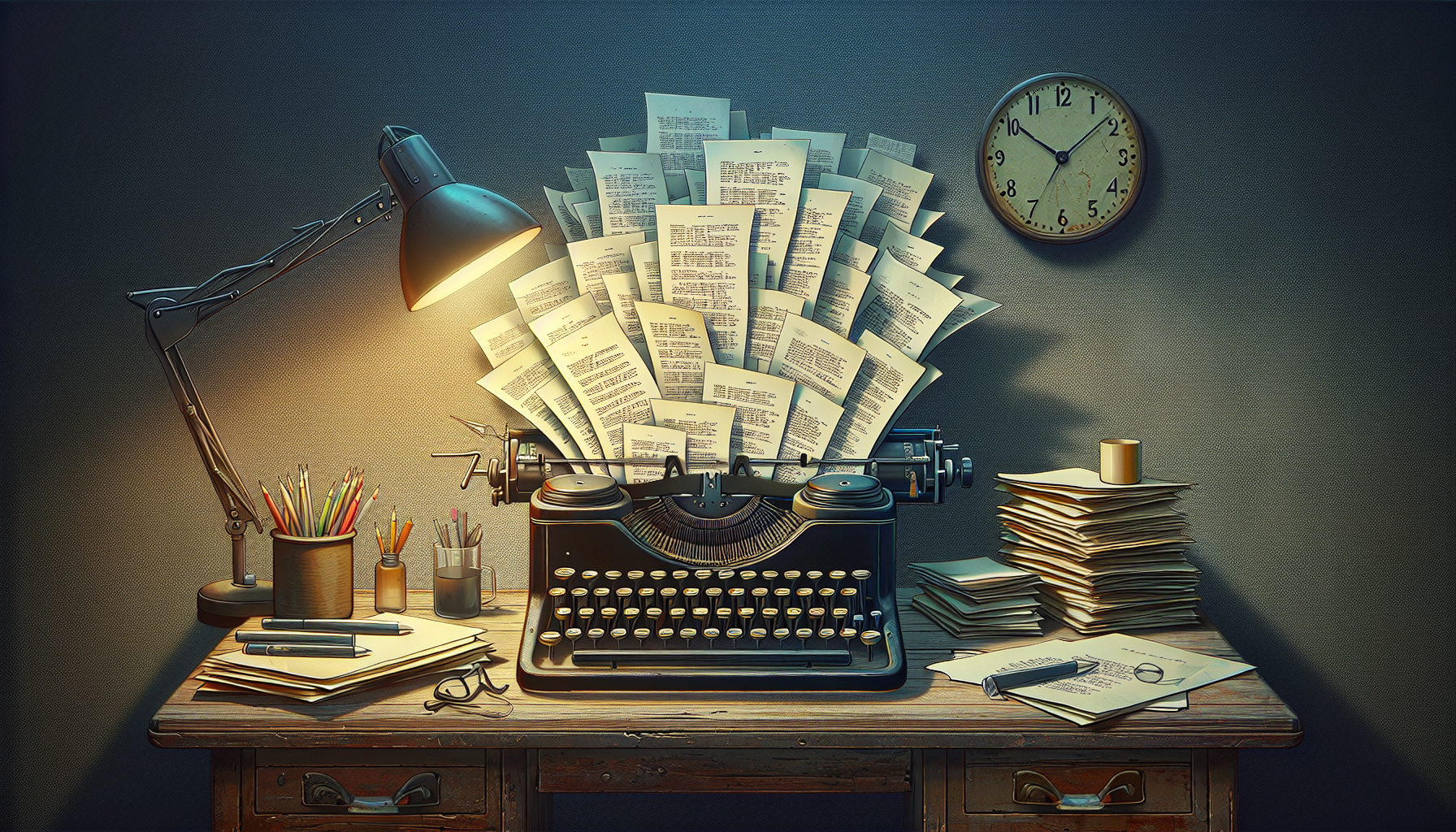 A minimalist vintage typewriter on a well-worn wooden desk, surrounded by scattered screenplay pages with visible edits and annotations, a glowing desk lamp casting a warm light, and a wall clock show