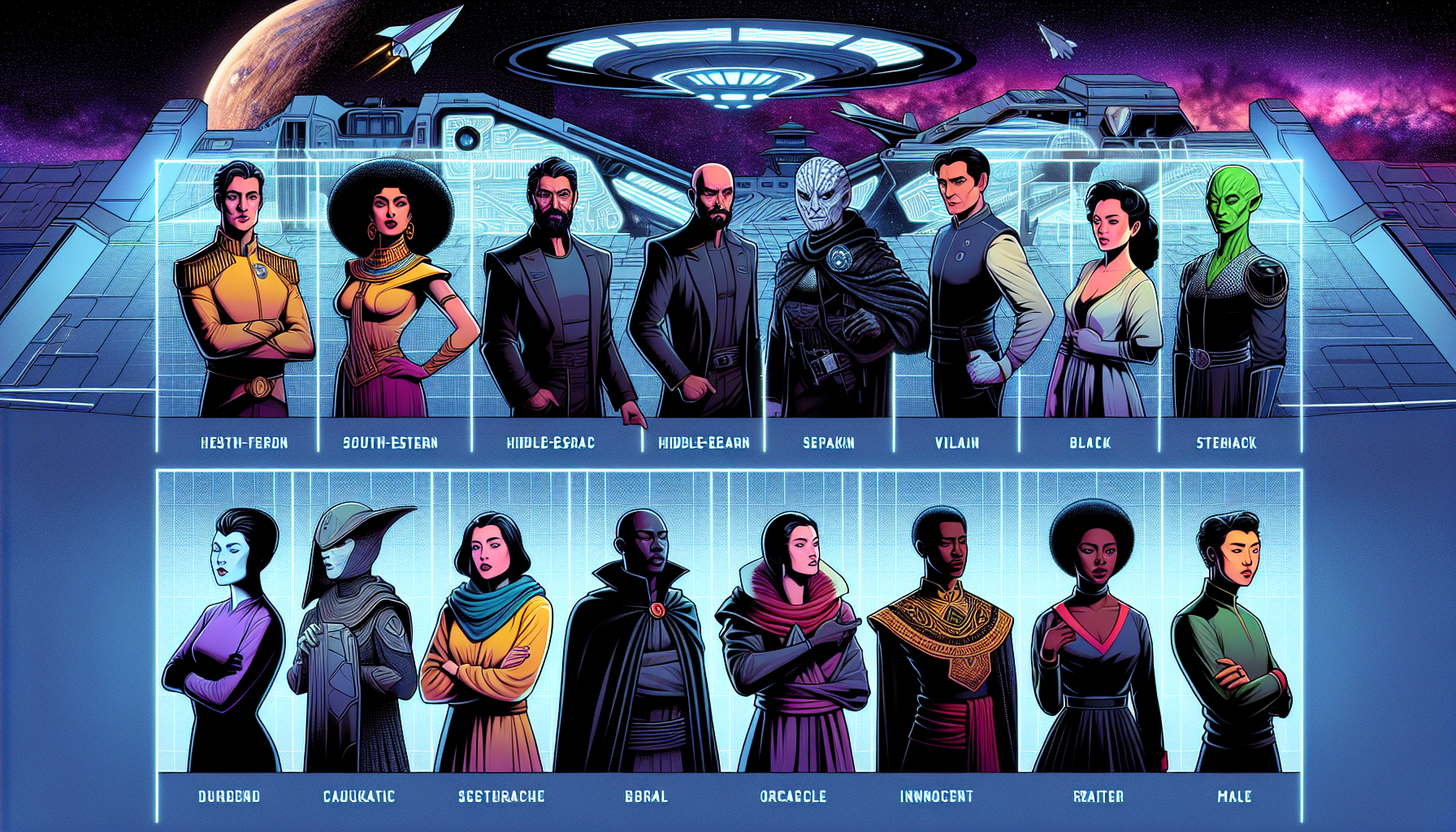 An illustrated lineup of ten diverse archetypal characters in a futuristic science fiction setting, each character distinctly representing a classic archetype such as the hero, the mentor, the villain