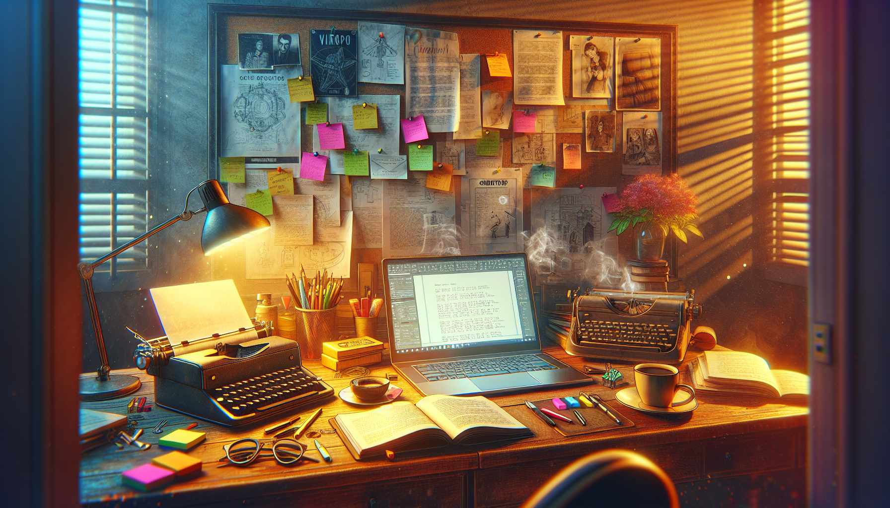 An artistic digital workspace depicting a variety of modern scriptwriting tools on a wooden desk, illuminated by soft, ambient light. The scene includes a sleek laptop open to a scriptwriting software, vintage typewriter, scattered screenplay pages, colorful sticky notes, and a steaming cup of coffee. In the background, there's a bulletin board filled with character sketches and plot diagrams, all encased in a cozy, creative home office setting.