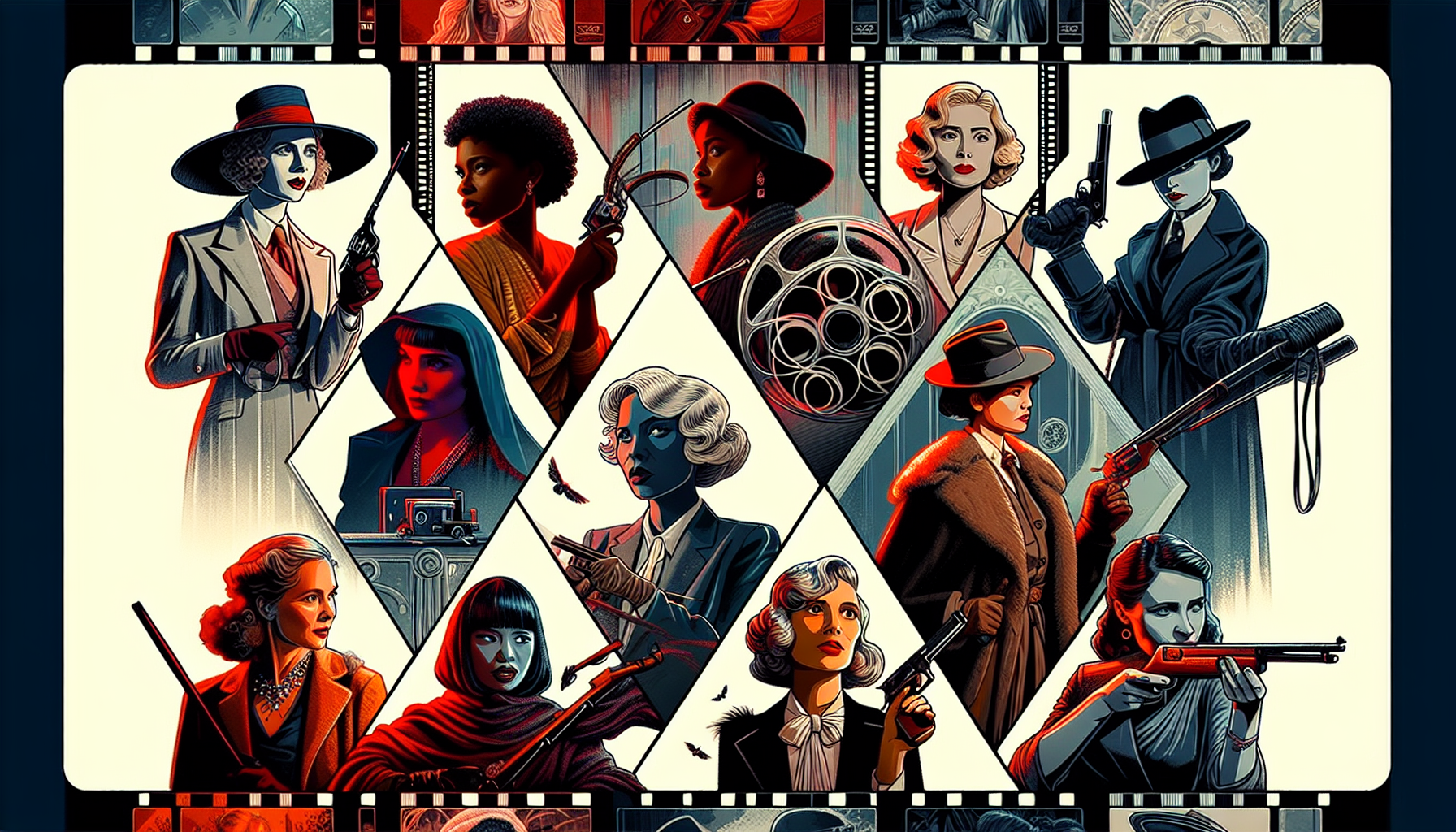 A cinematic poster collage depicting the ten most lethal femme fatales in film history, each framed within a vintage film strip, shown in dramatic poses with film noir inspired backdrop and lighting,