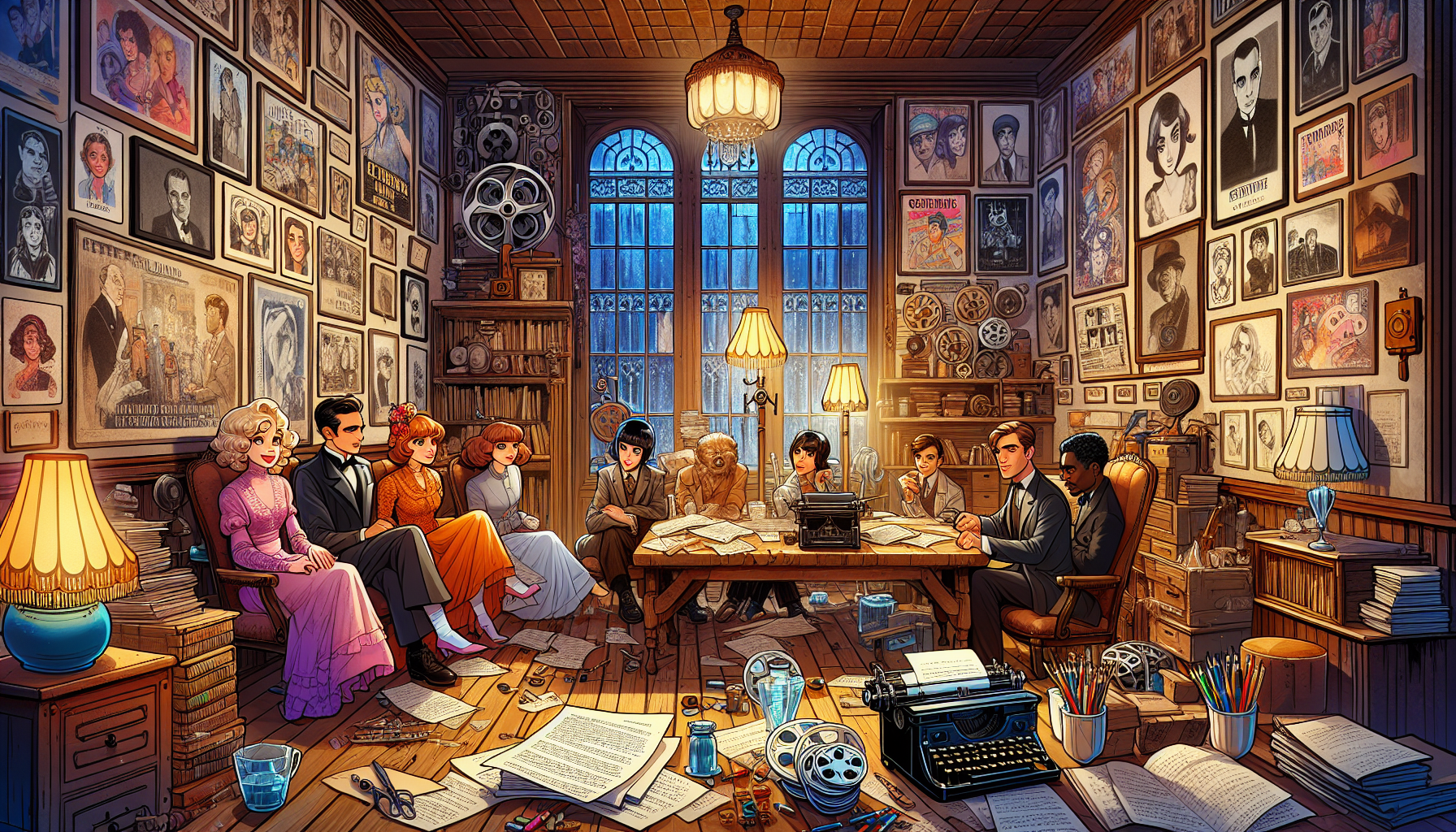 An enchanting illustration of a cozy, dimly-lit vintage study room filled with classic animated film posters on the walls, with a diverse group of animated characters of various styles sitting togethe
