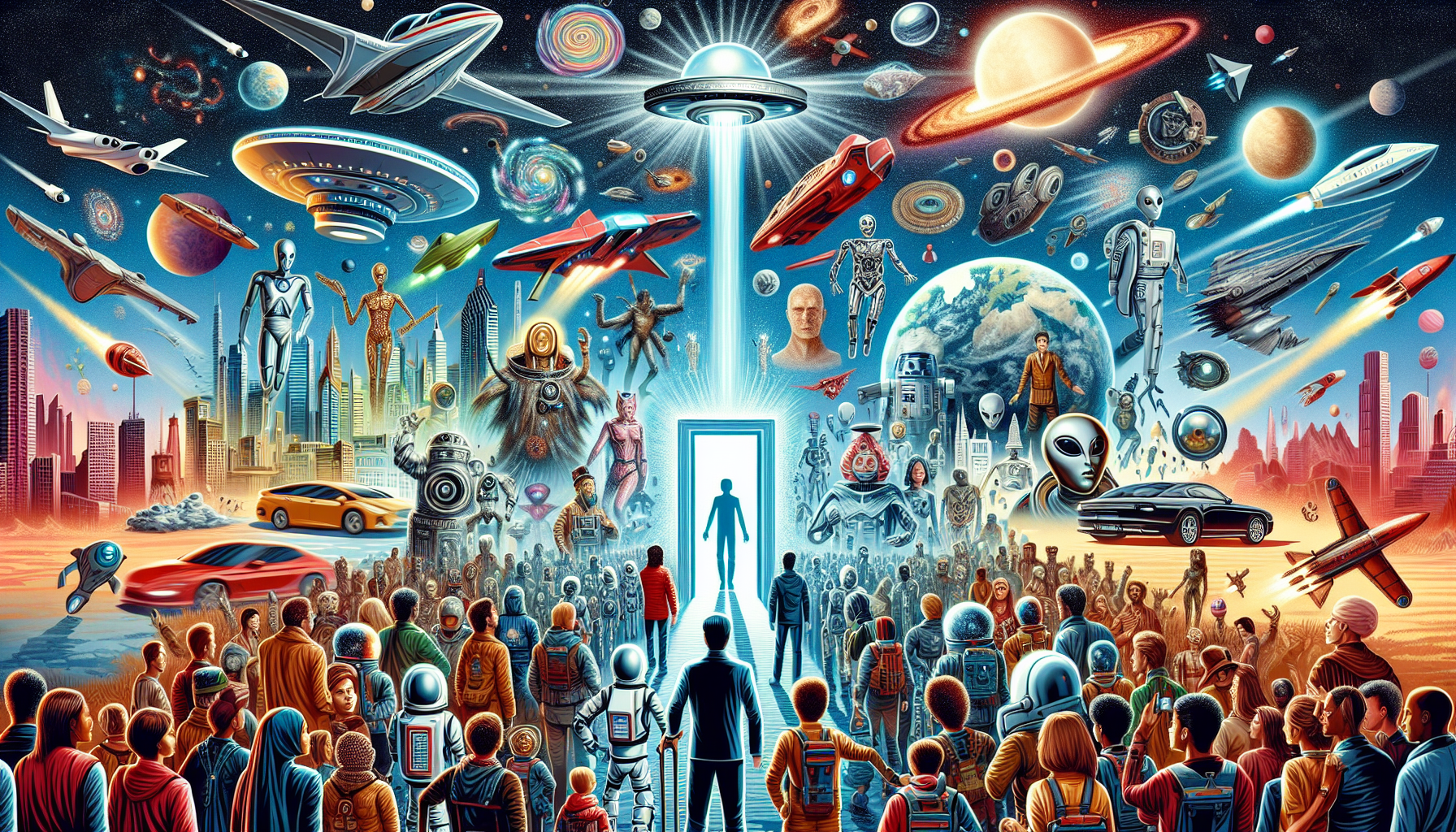 An illustration featuring a collage of iconic sci-fi elements: a futuristic city skyline with flying cars, a time traveler stepping out of a glowing portal, an alien spacecraft hovering above Earth, a