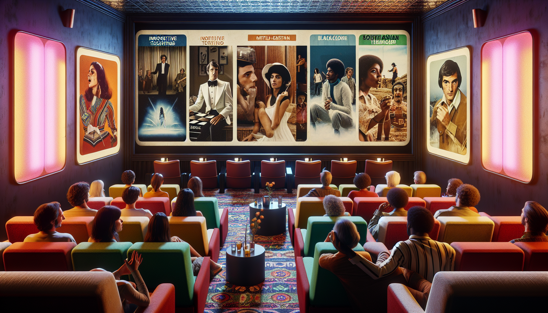 Vintage cinema room with a large screen showing a montage of five iconic film scenes directed by Roger Corman, each illustrating a different narrative technique, surrounded by a captivated audience of