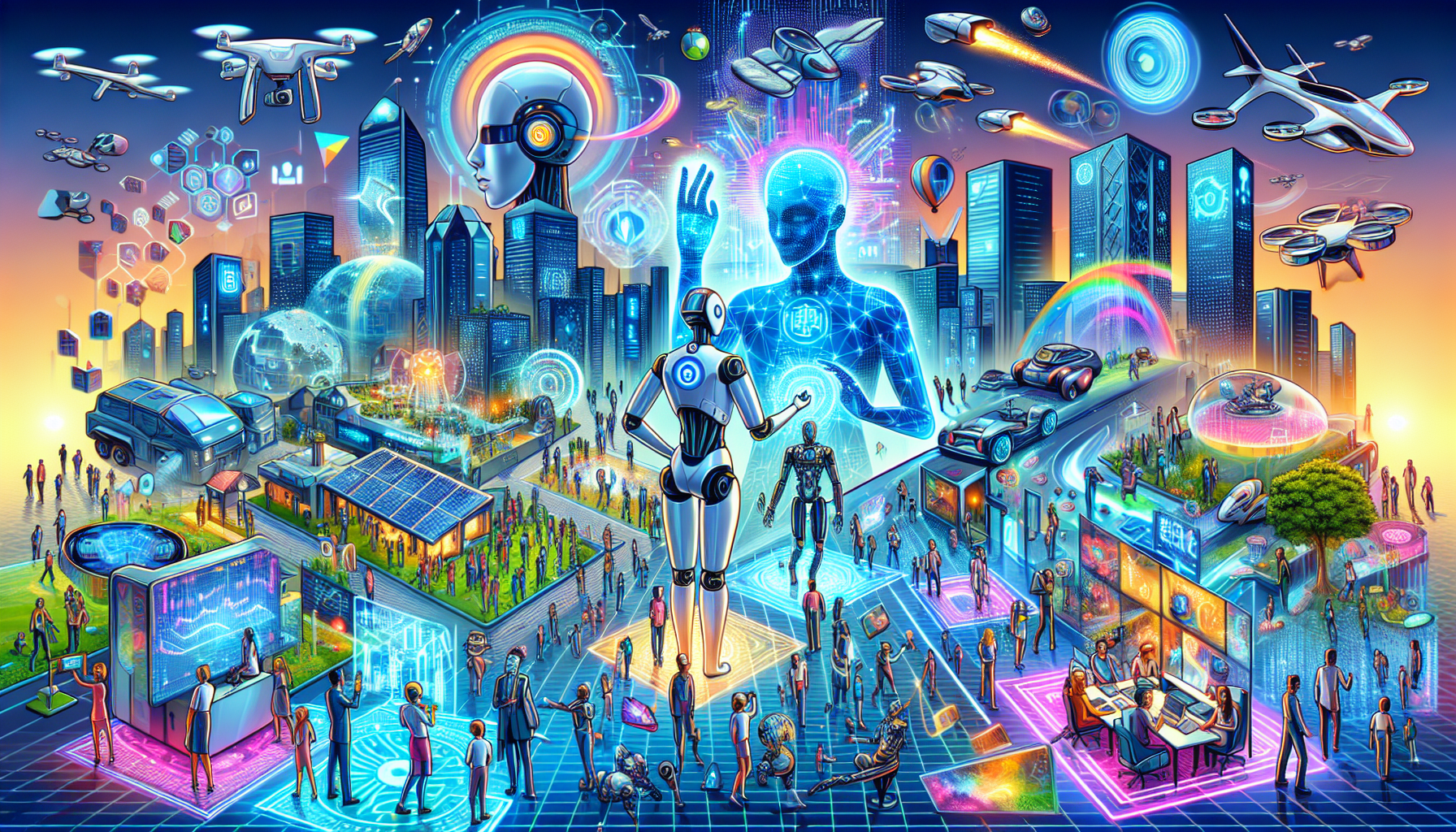 Create a dynamic scene showcasing seven futuristic technologies in a vibrant, high-tech cityscape. Include advanced AI robots interacting with humans, holographic displays projecting various data, fly