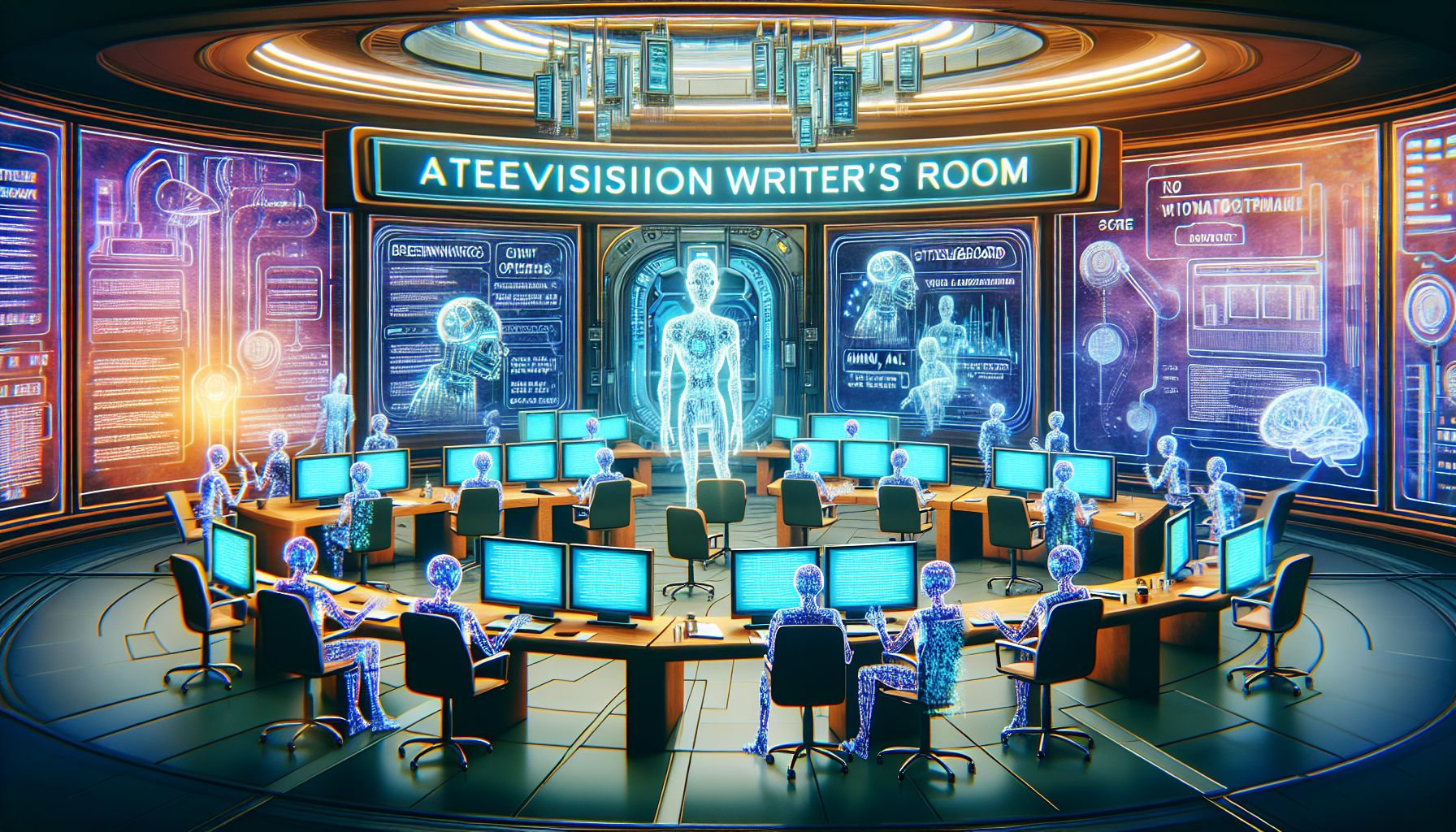 Create an image of a futuristic television writers' room where advanced AI and human writers collaborate seamlessly. The room is filled with holographic screens displaying scripts and storyboards, whi