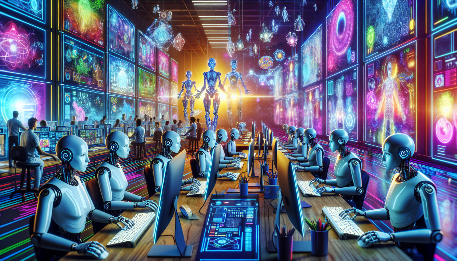 Create an image of a futuristic gaming studio where a team of diverse AI and human screenwriters collaborate. The scene should include humanoid robots typing on keyboards, holographic storyboards, and