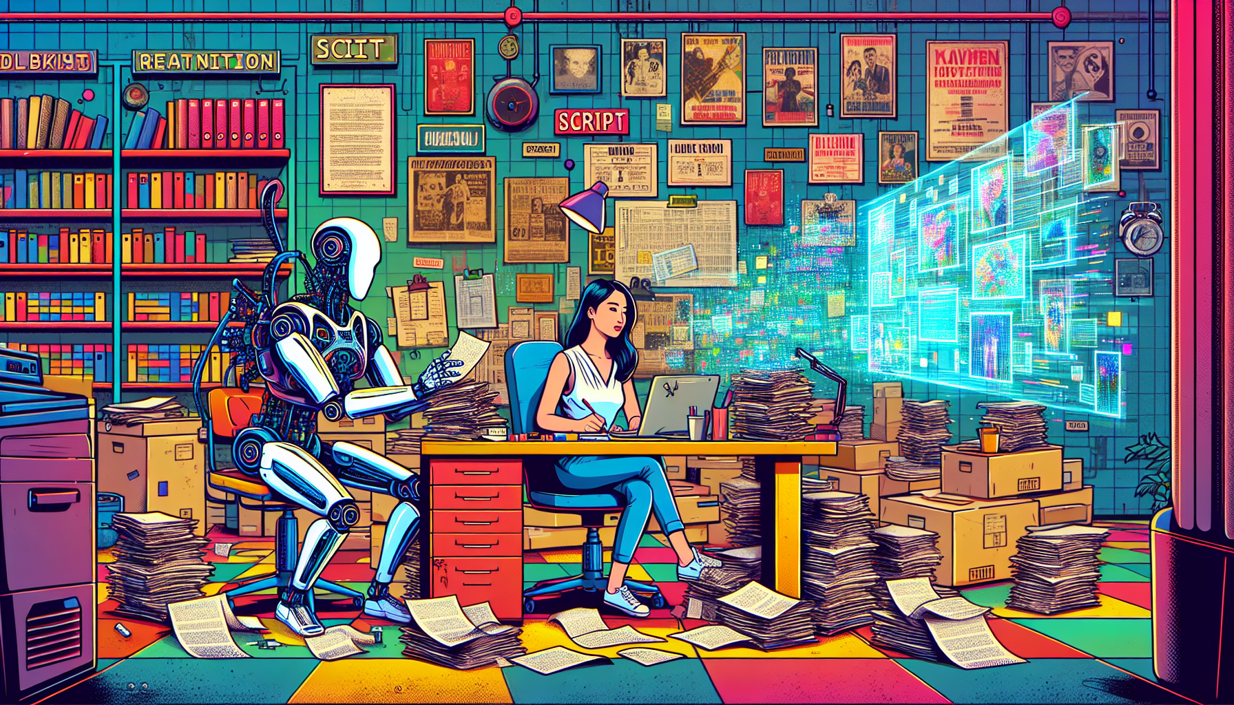 A retro-futuristic office space where a human screenwriter and an AI robot are collaborating at a large, cluttered desk filled with various film scripts and old movie posters on the walls. The human i