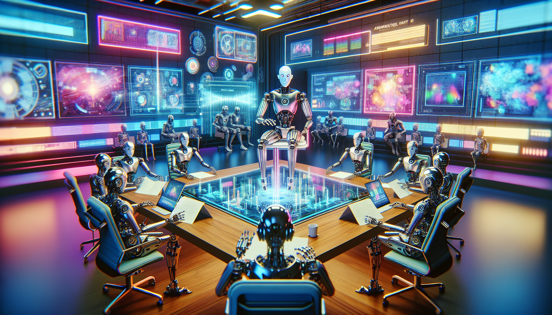 Create an image of AI-powered robots sitting around a table, vigorously brainstorming and writing an animated screenplay. The setting should be a high-tech, futuristic writer's room with holographic s