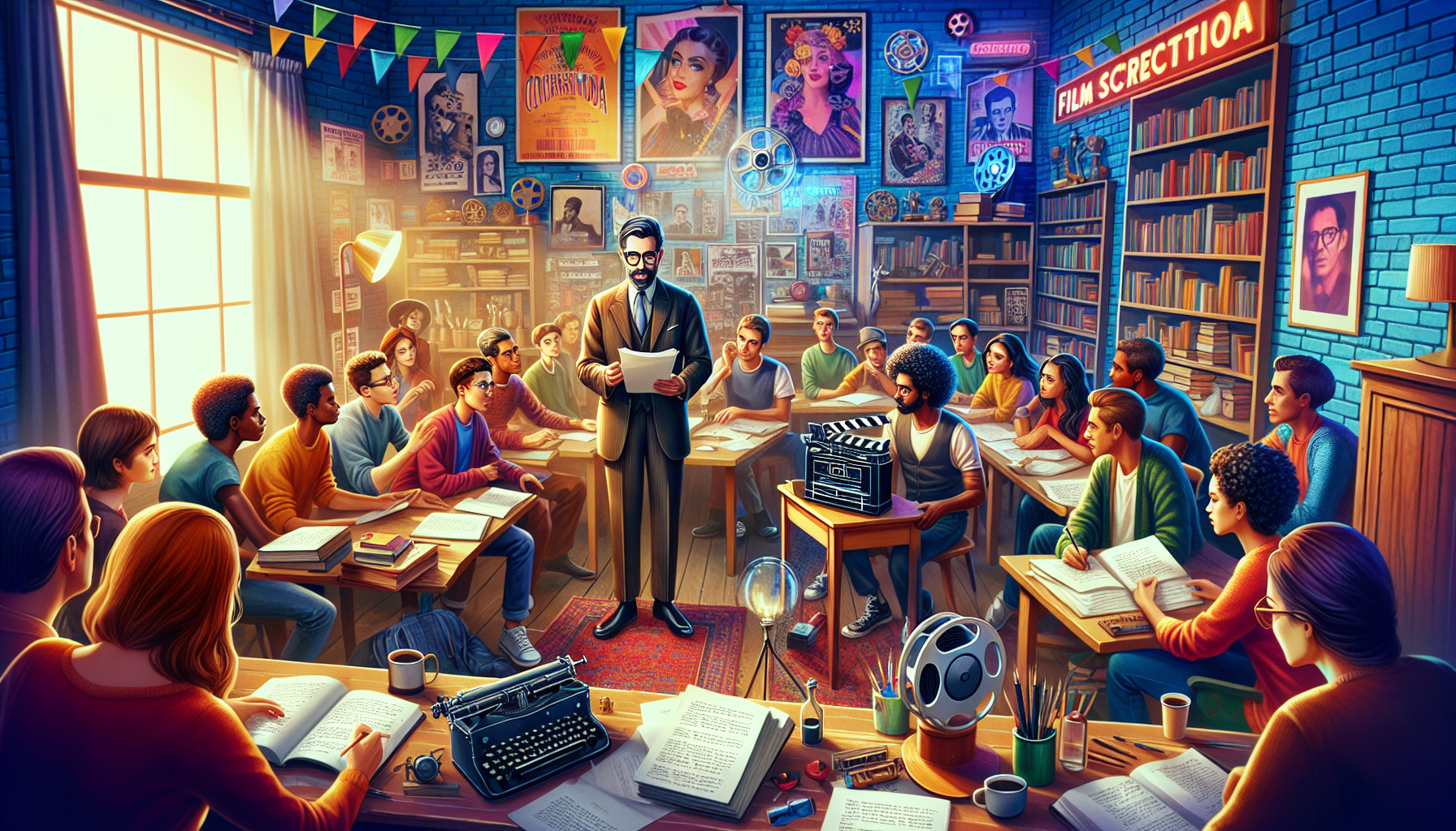 An imaginative classroom setting where Aaron Sorkin teaches a diverse group of attentive students the art of screenwriting, with scripts, movie posters, and a film projector in the background, in a cozy, well-lit room filled with books and film memorabilia.