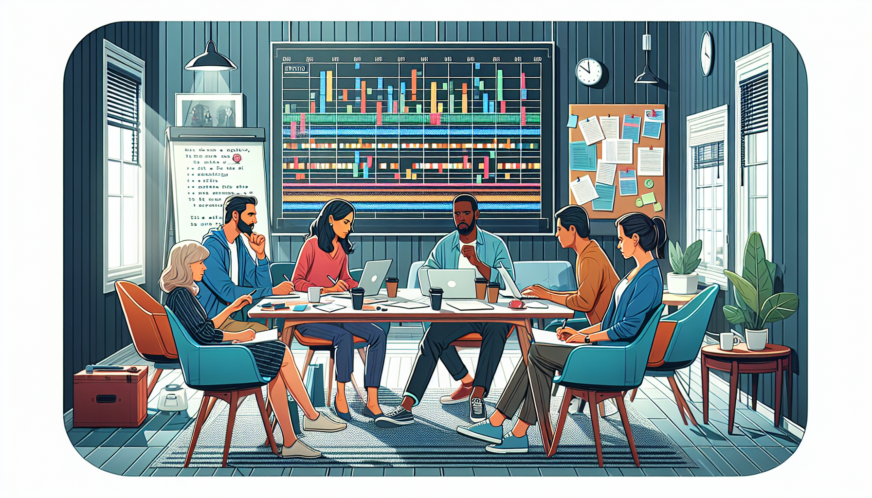 An interior of a modern, cozy writer's room filled with diverse screenwriters actively discussing and brainstorming around a large table scattered with notes, laptops, and coffee cups, with a large wh