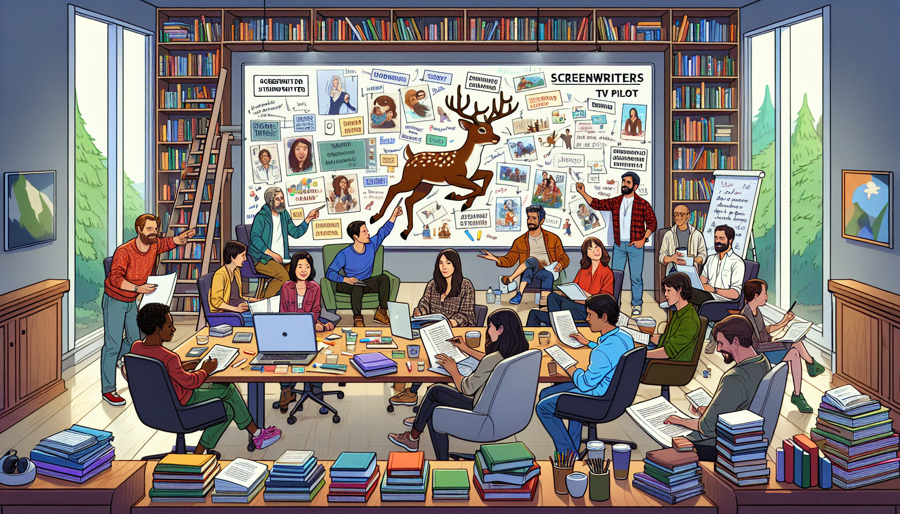 A cozy writer's room filled with diverse screenwriters brainstorming, with a large whiteboard in the background filled with notes and drawings depicting scenes from the Baby Reindeer TV pilot episode.