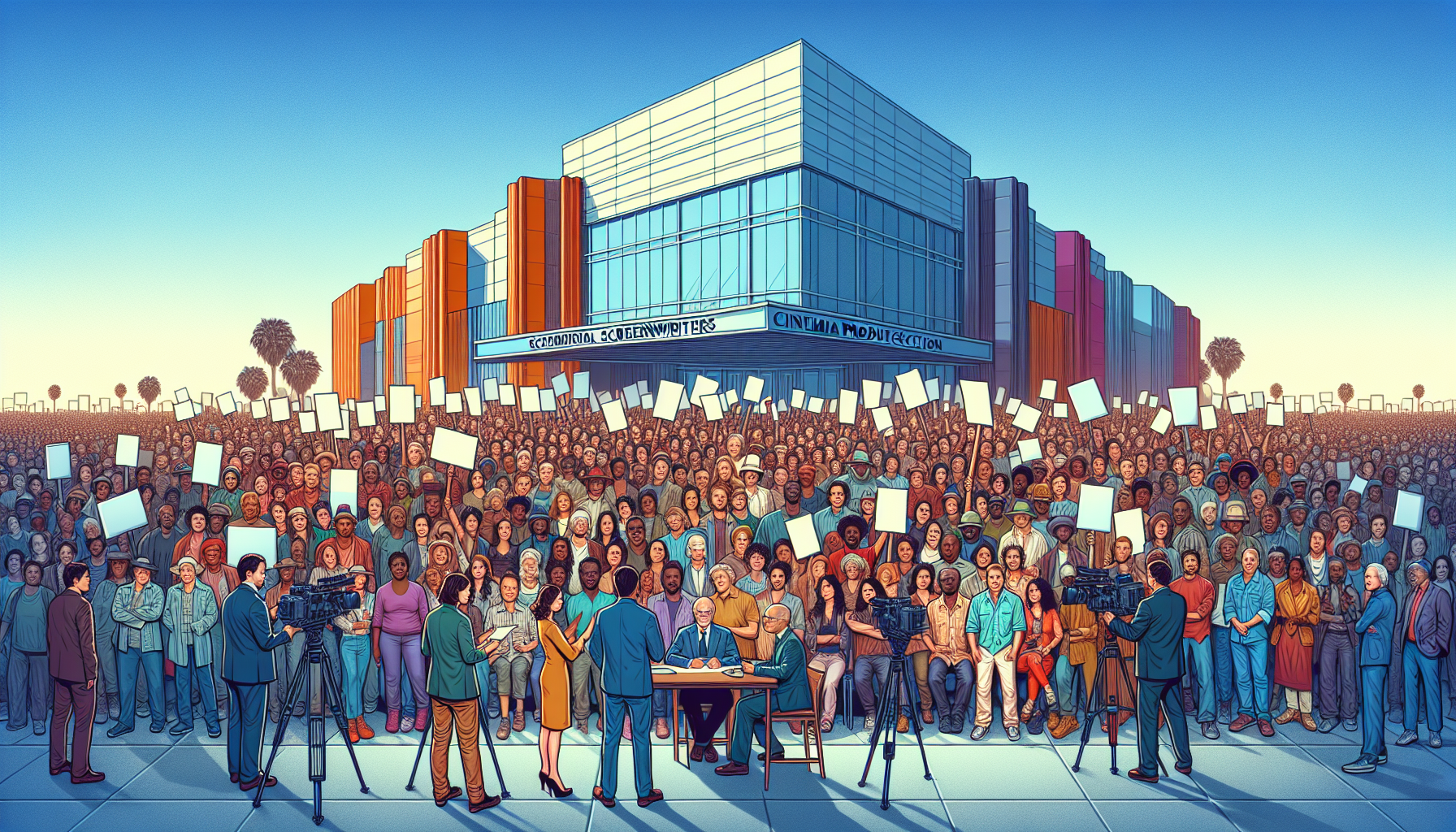 A digital illustration of a large group of diverse screenwriters holding picket signs, gathered peacefully outside a modern Hollywood studio, under a clear blue sky, with media reporters interviewing