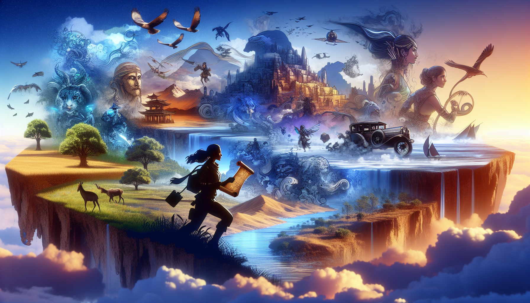 An imaginative landscape showing a vast open world with various iconic scenes from famous adventure movies integrated seamlessly into it, including a hidden ancient temple, a treasure map held by a bo