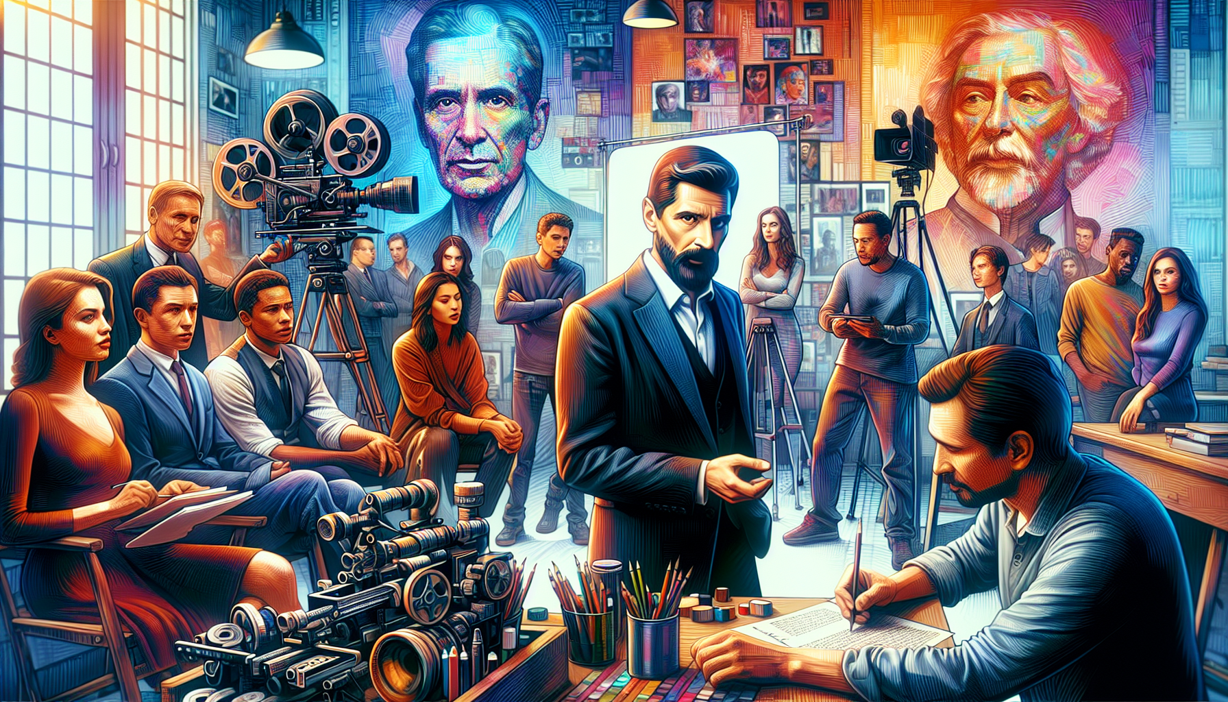 An artistic portrayal of Ben Shapiro standing in a vibrant film studio, surrounded by actors, scriptwriters, and cameras, actively discussing a screenplay, with elements of creativity and professional
