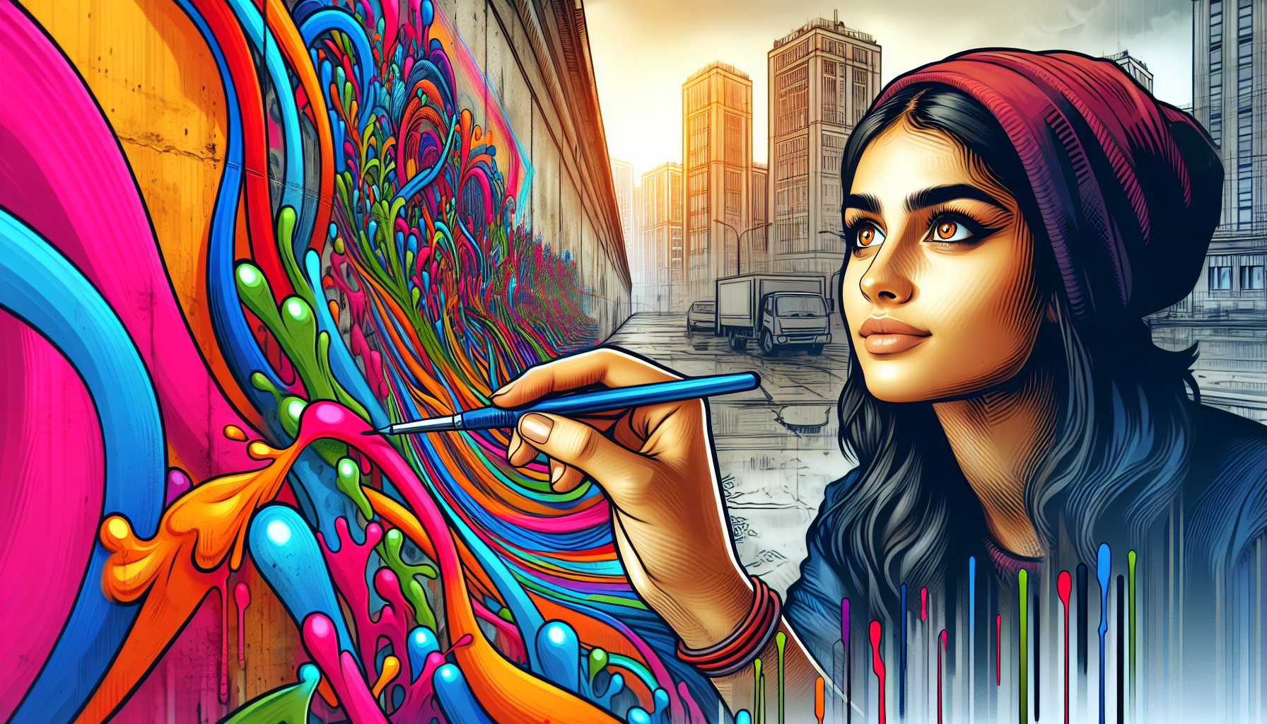 An inspiring portrait of a young artist with bright, expressive eyes, painting a large, vivid mural on an urban wall, the colors from the palette splashing outwards and transforming the gray buildings