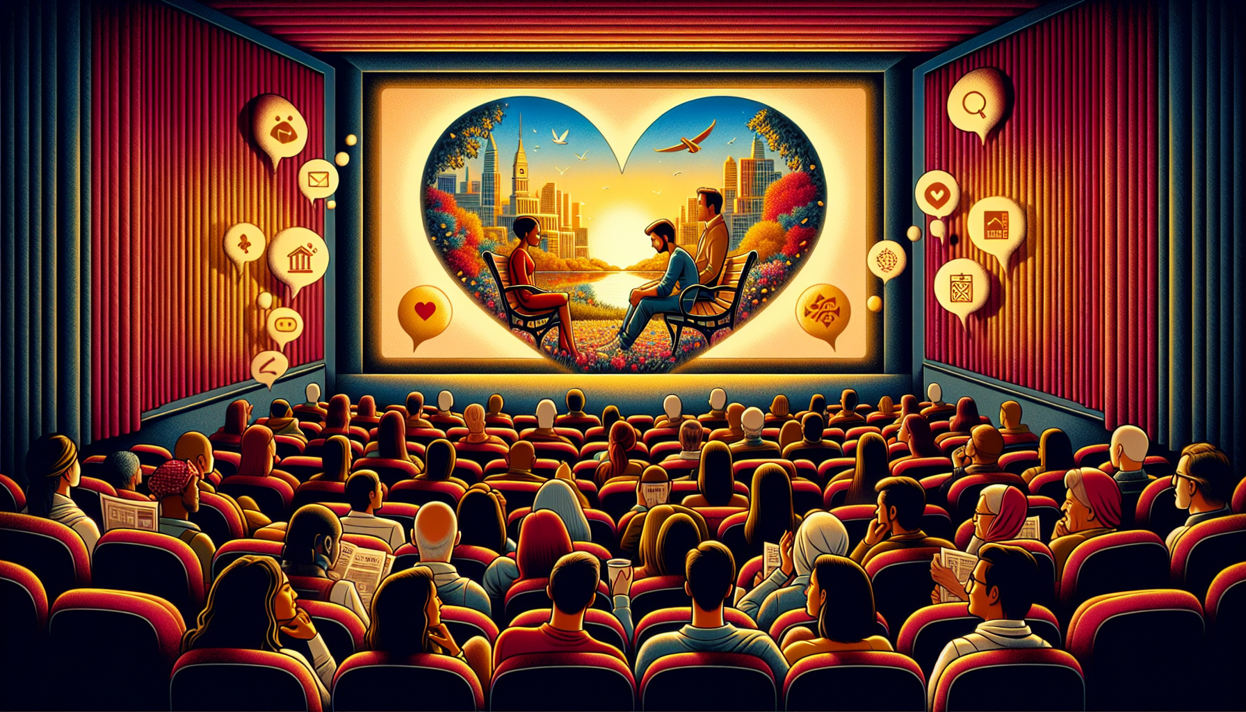 An artistic movie poster featuring a diverse group of people sitting in a cozy, dimly lit cinema, with a heart-shaped screen showing a scene from a romance film where the characters are in an intense