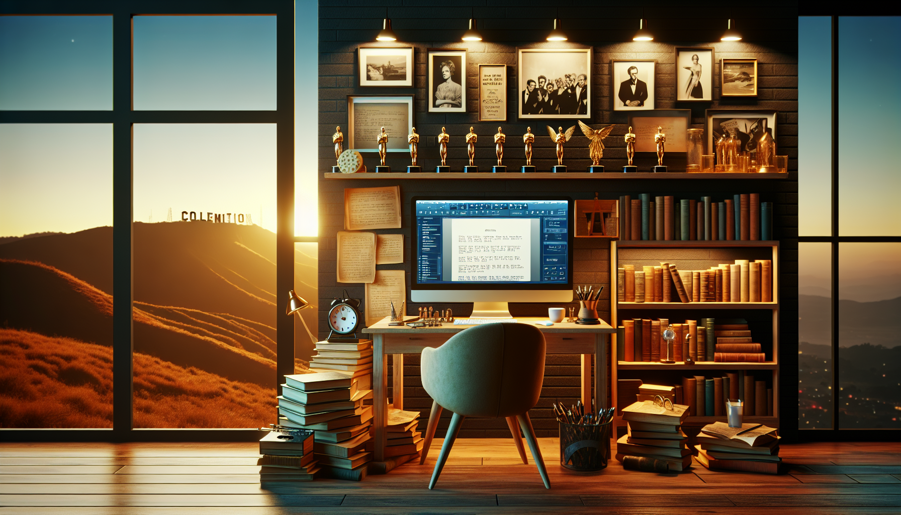 A cozy writer's nook with a vintage typewriter, stacks of screenplay manuscripts, a glowing laptop open to a screenwriting software, framed posters of iconic films on the walls, and a shelf filled wit