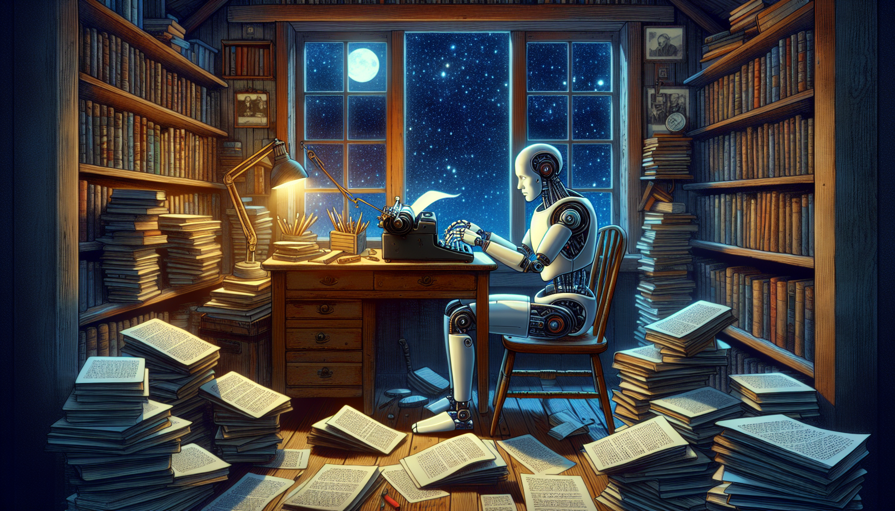 An image of a humanoid robot with gentle eyes, sitting at a vintage wooden writer’s desk in a cozy, dimly lit room filled with books. The robot is typing on an old typewriter, a stack of screenplay ma