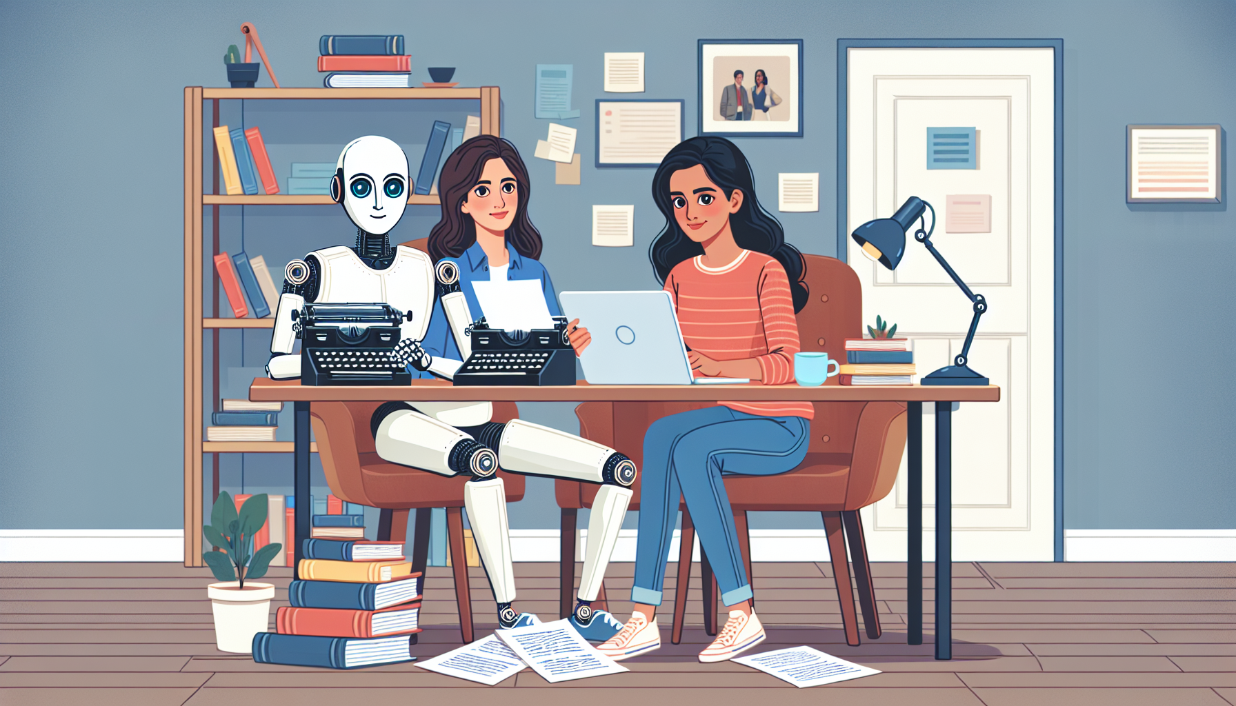 An image of a young female screenwriter and a futuristic AI robot sitting together at a desk filled with scripts and a vintage typewriter in a cozy, well-lit home office, brainstorming ideas and writi