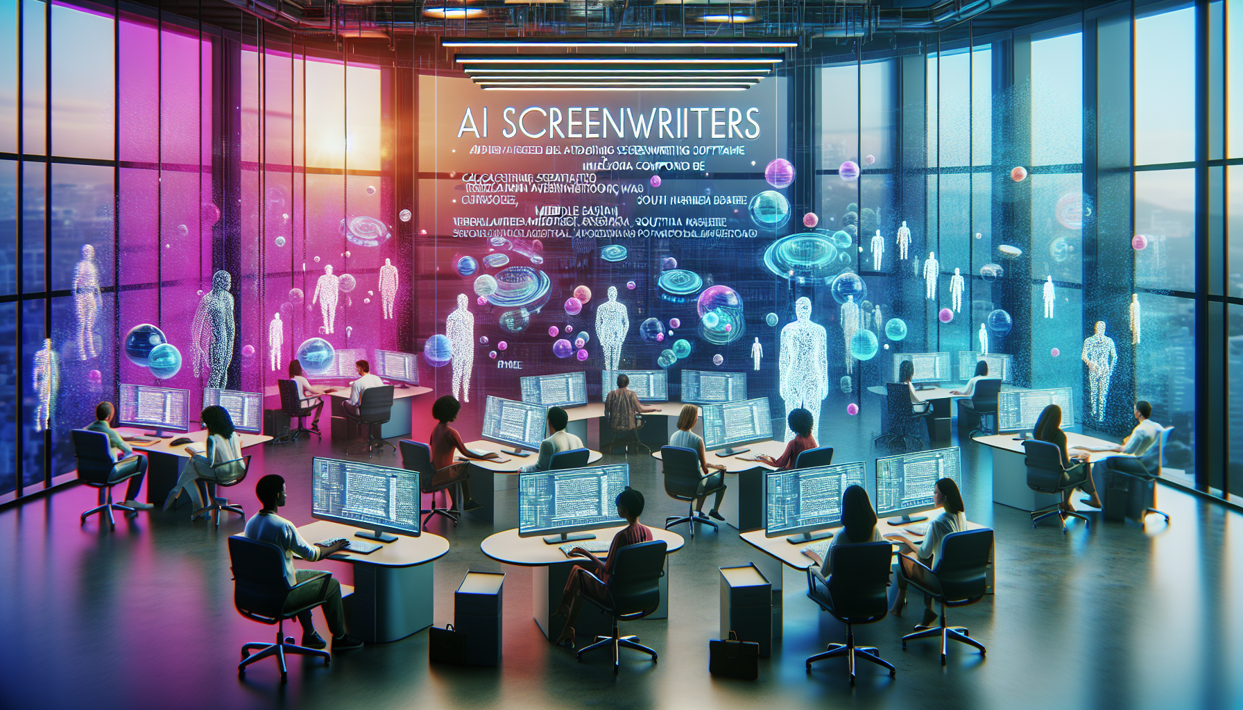 A futuristic office with diverse screenwriters using advanced AI screenwriting software on transparent, holographic computers, with digital scripts floating in a high-tech, creative space.