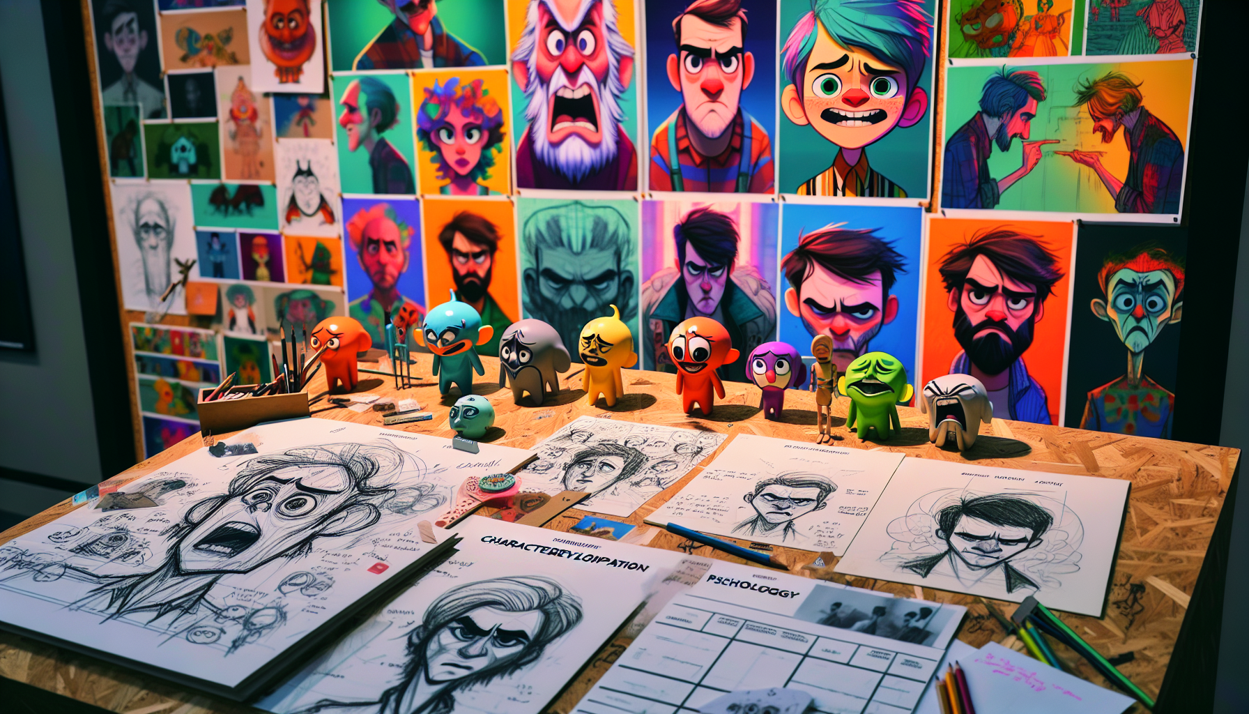An animator's sketch-filled desk with drawings of diverse, expressive characters, each showing distinct emotions and personalities, surrounded by notes on character development and psychology, all set