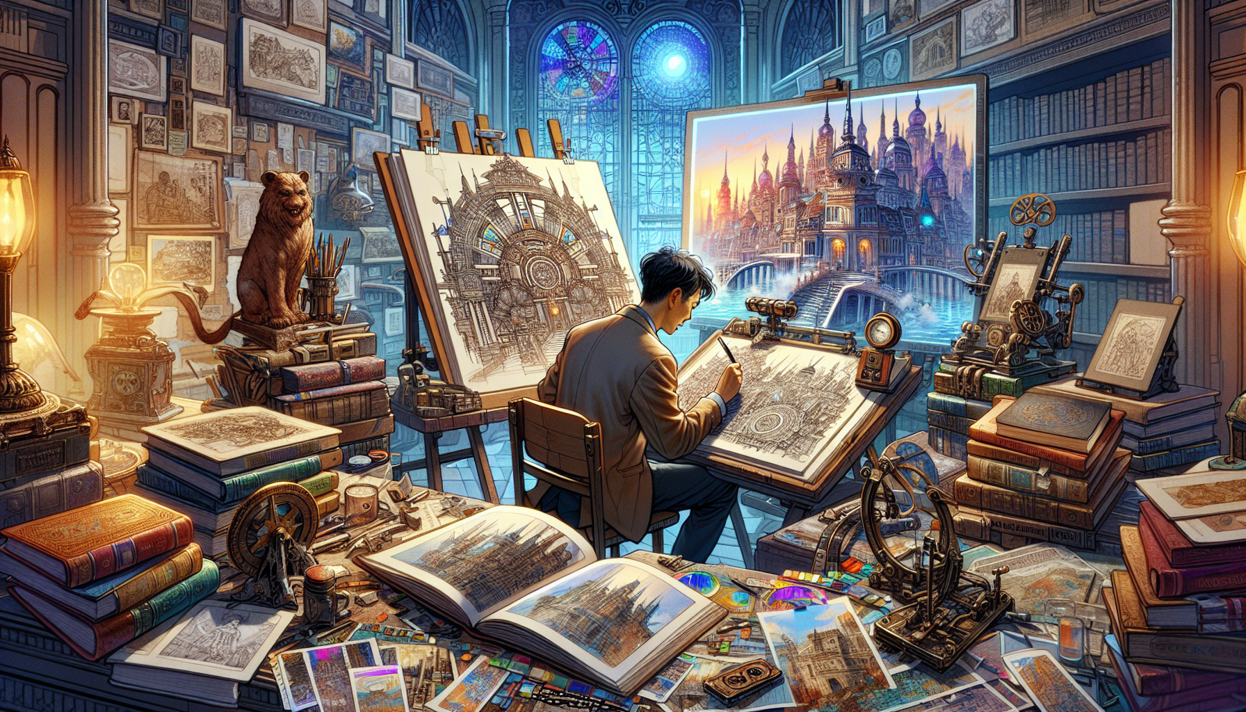 An artist at a cluttered desk, deeply focused on sketching a fantastical cityscape that blends elements of steampunk and futuristic designs, surrounded by numerous open books and reference materials o