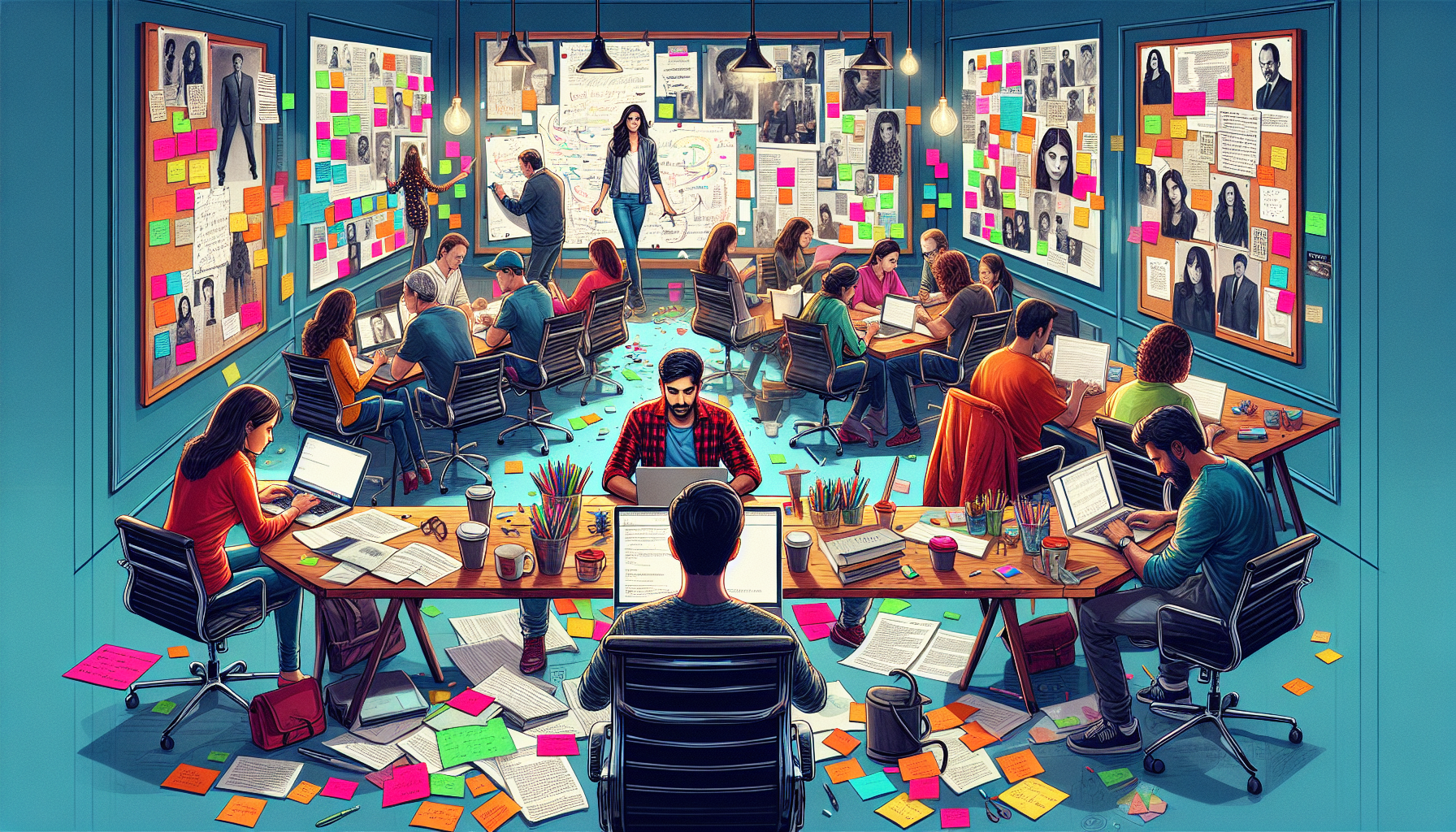 An image of a bustling writer's room with diverse, creative individuals collaborating enthusiastically on a new TV pilot script. The room is filled with vibrant mood boards, sticky notes, and characte