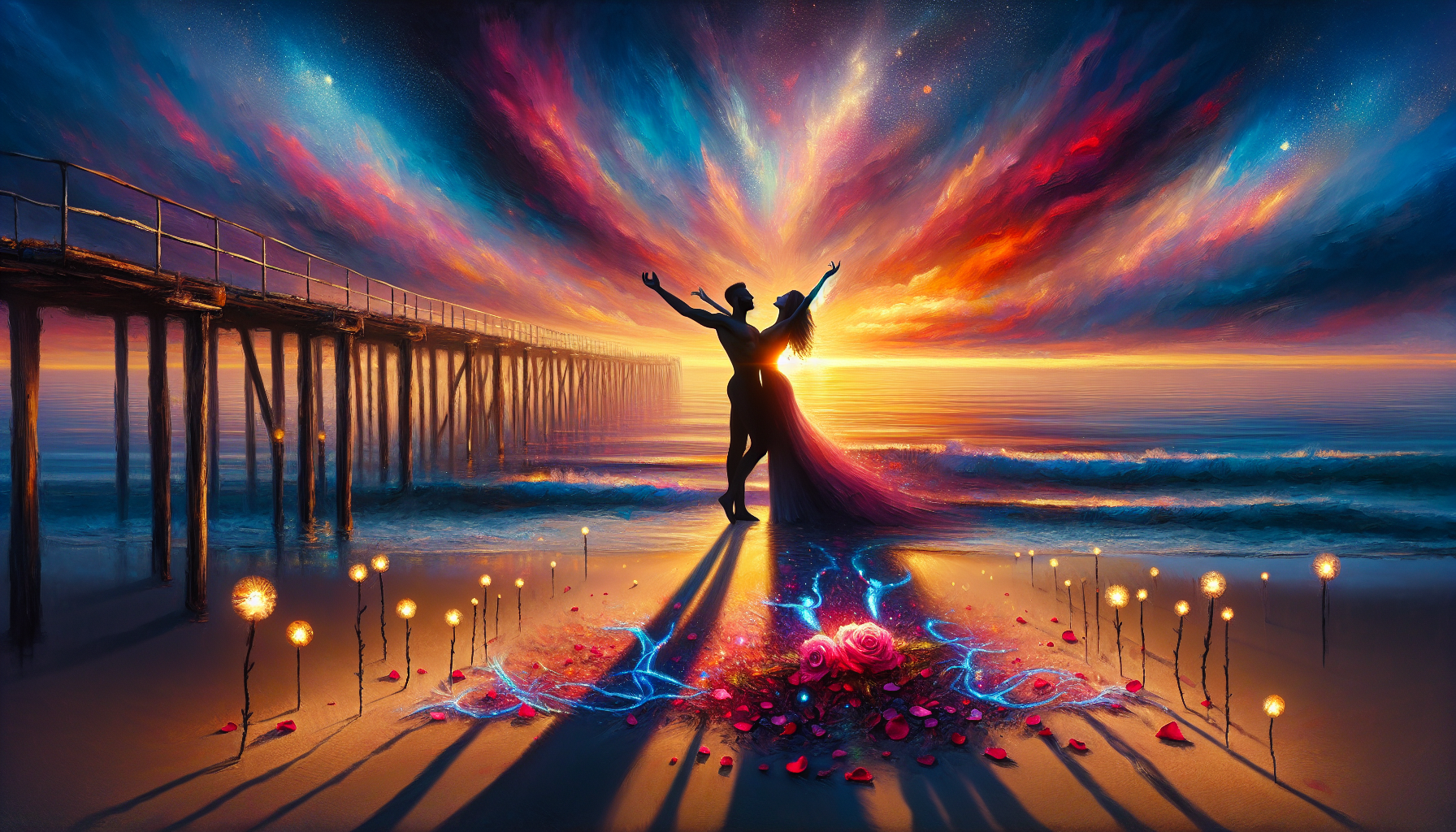 An enchantingly painted sunset over a picturesque beach where a diverse, joyful couple joyfully embraces, their silhouettes casting long shadows on the sand, surrounded by scattered rose petals and tw