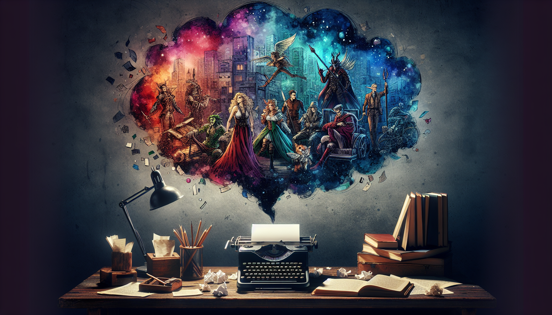 An imaginative writer's desk at twilight, scattered with notes and an old typewriter, while a visible thought bubble shows a diverse group of fictional characters from various genres interacting in a