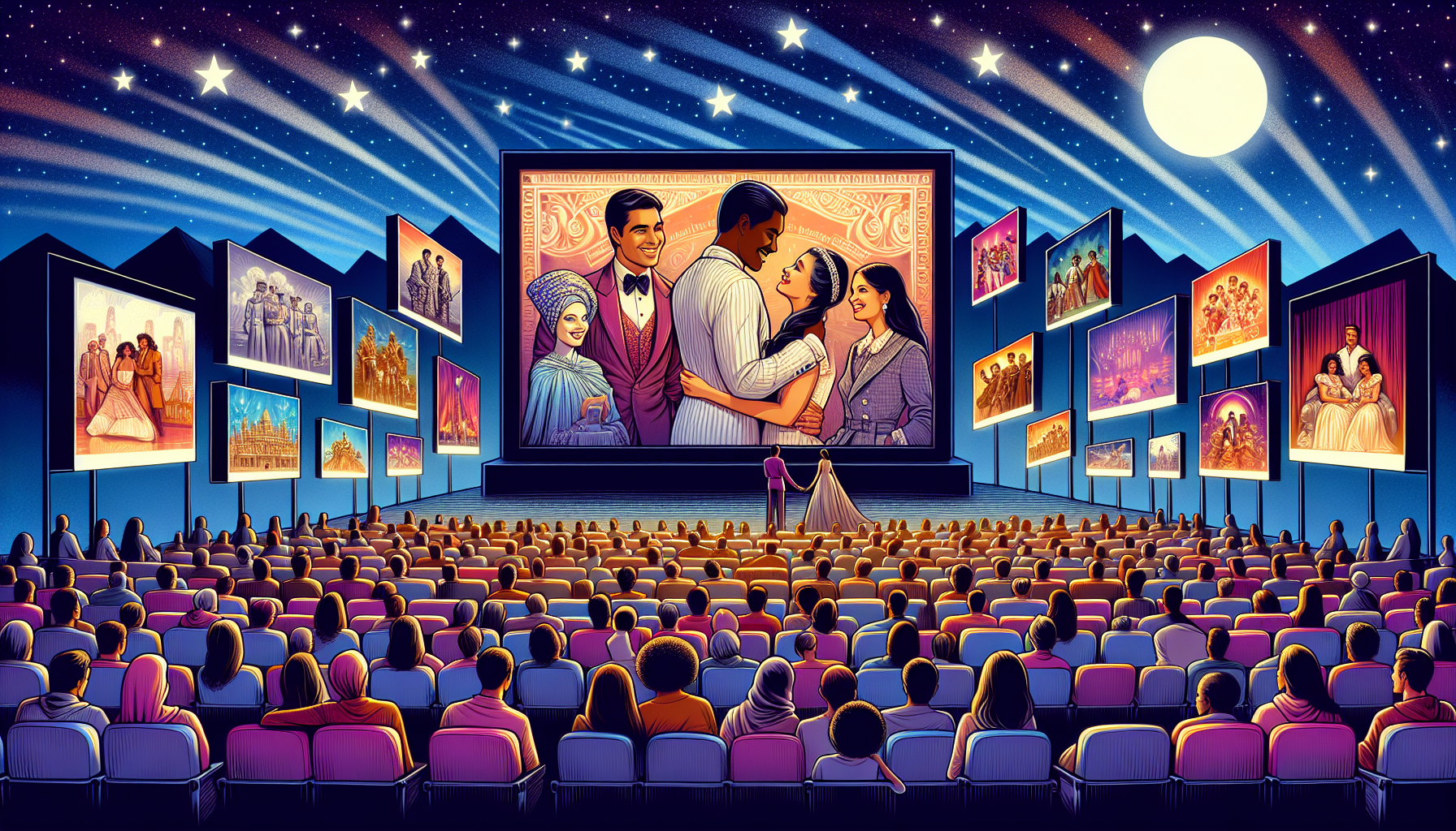 An enchanting outdoor cinema setting under the stars, with multiple screens displaying different iconic scenes from various subgenres of romance films, such as romantic comedy, historical romance, and