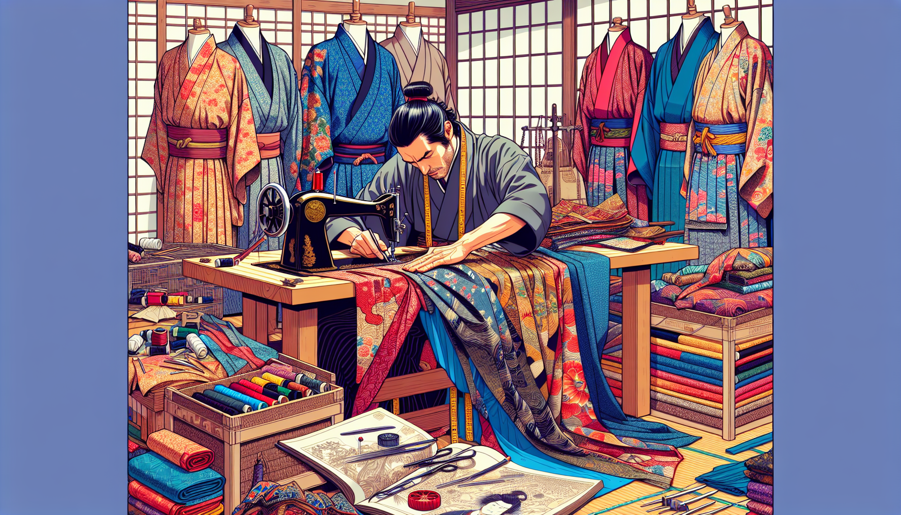 a skilled tailor, Carlos Rosario, surrounded by an array of traditional Japanese fabrics and sewing tools, meticulously crafting elaborate historical costumes for the TV show 'Shōgun' in a detailed, v