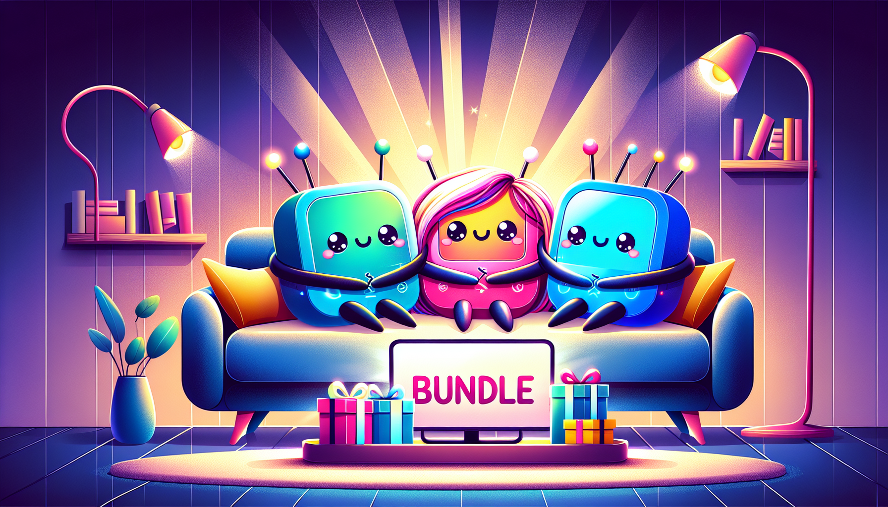 Three anthropomorphic devices representing Disney+, Hulu, and Max happily bundling together while sitting on a comfortable couch, in a cozy living room setting, with a remote on the side and a warm gl