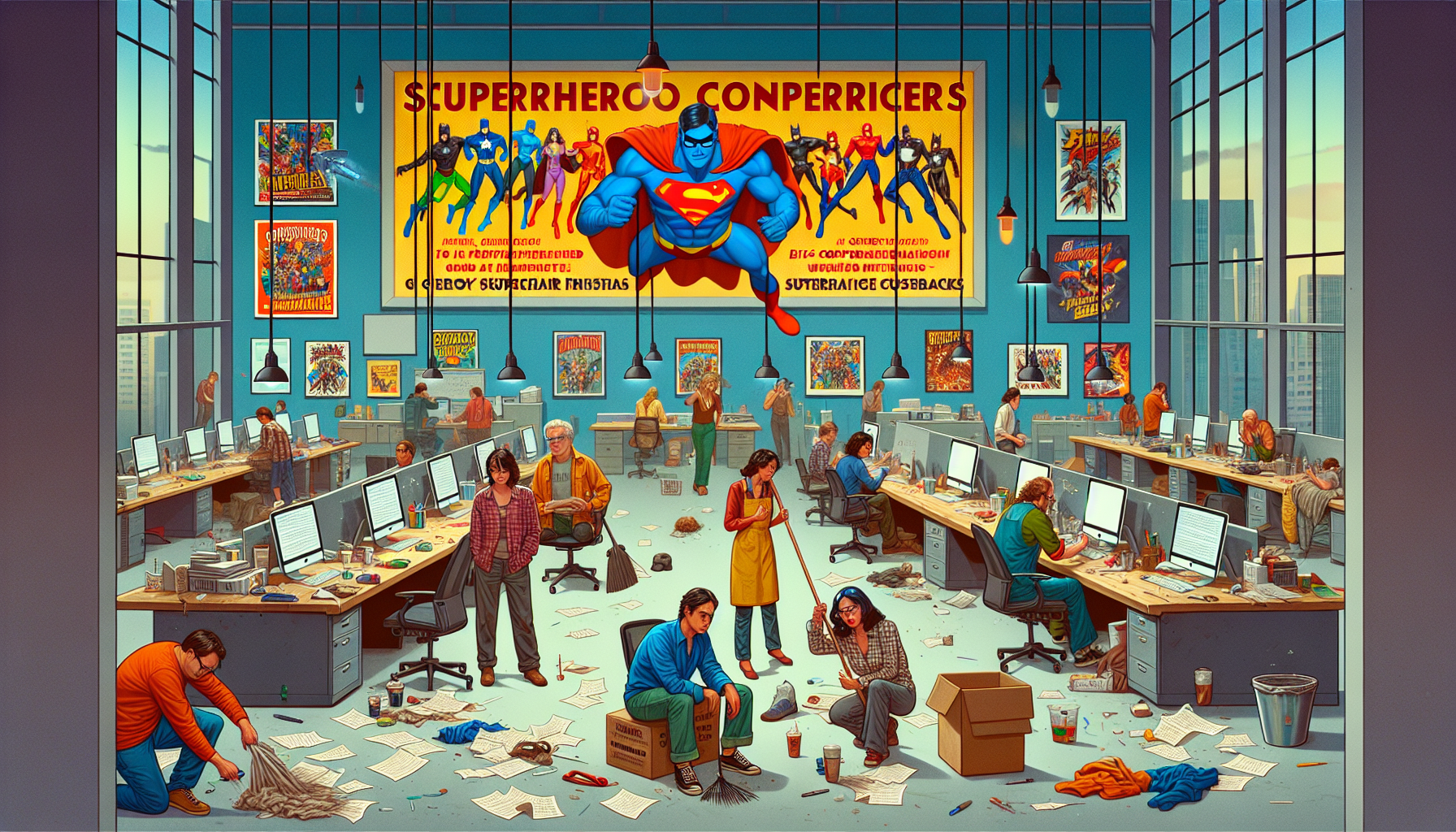 Create an image depicting a somber-looking group of screenwriters in a modern-day office environment, surrounded by Marvel posters and memorabilia. Some are packing up their desks while others look th